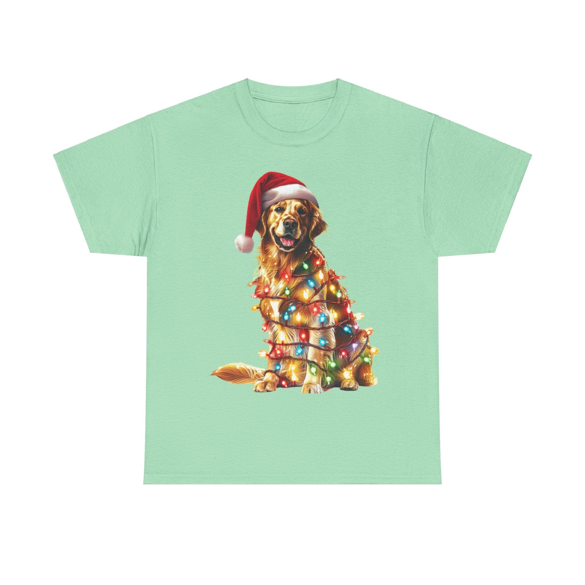 Printify T-Shirt Mint Green / S Golden Retriever Christmas Lights Unisex Heavy Cotton Tee