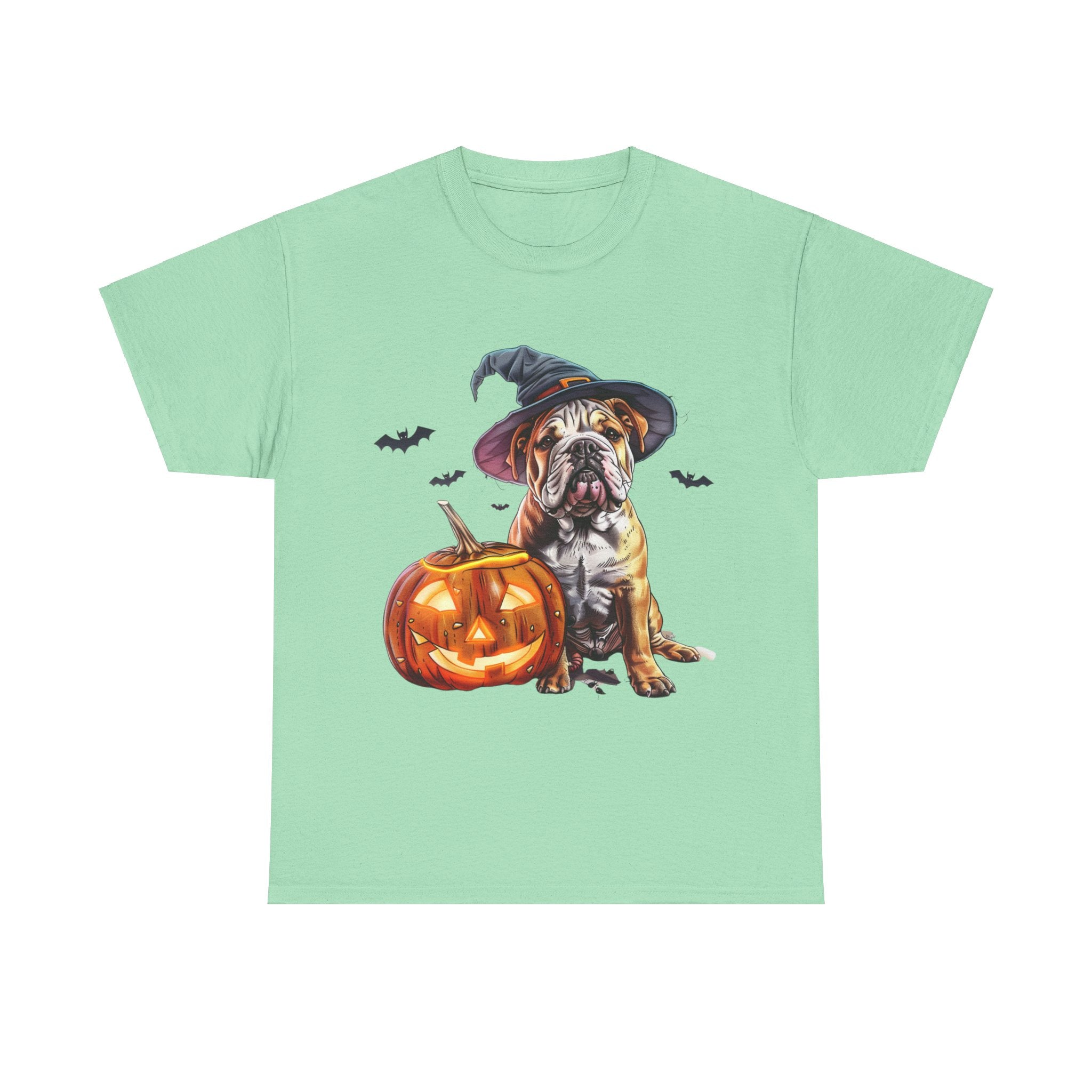 Printify T-Shirt Mint Green / S Halloween Bulldog Witch Hat & Pumpkin Glow Unisex Cotton Tee