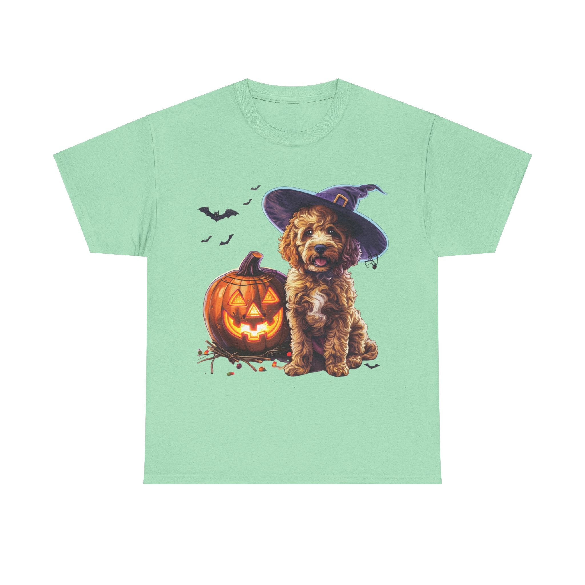 Printify T-Shirt Mint Green / S Halloween Cockapoo Witch Hat & Glowing Pumpkin Unisex Cotton Tee