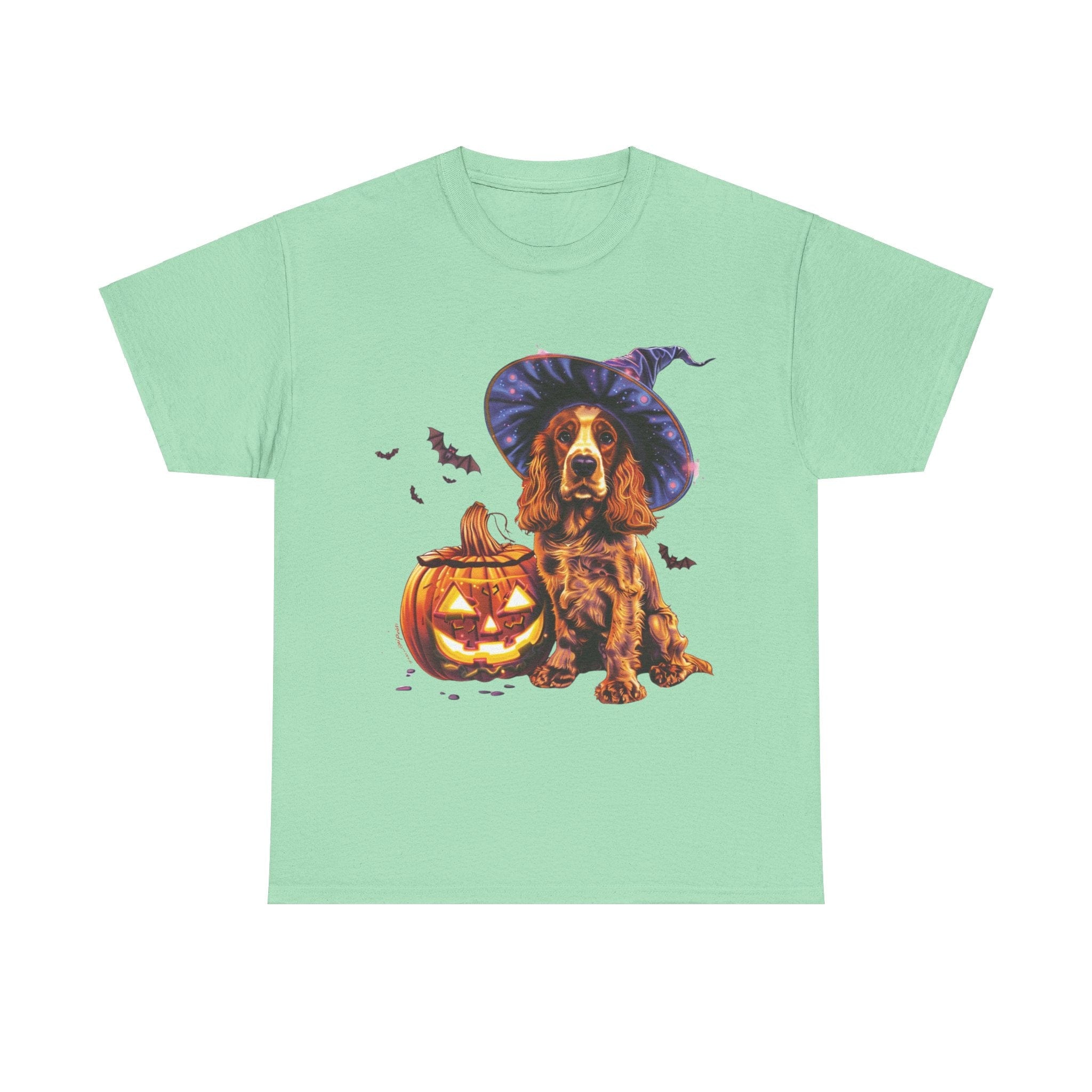 Printify T-Shirt Mint Green / S Halloween Cocker Spaniel Witch Hat and Pumpkin Unisex Cotton Tee