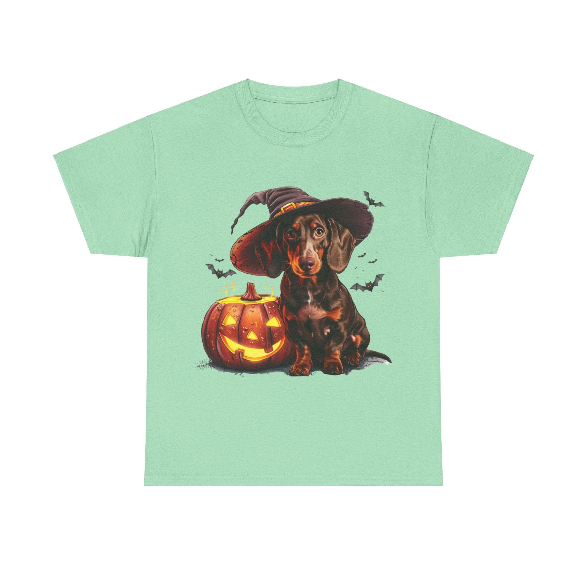 Printify T-Shirt Mint Green / S Halloween Dachshund in Witch Hat Tee – Unisex Cotton Shirt