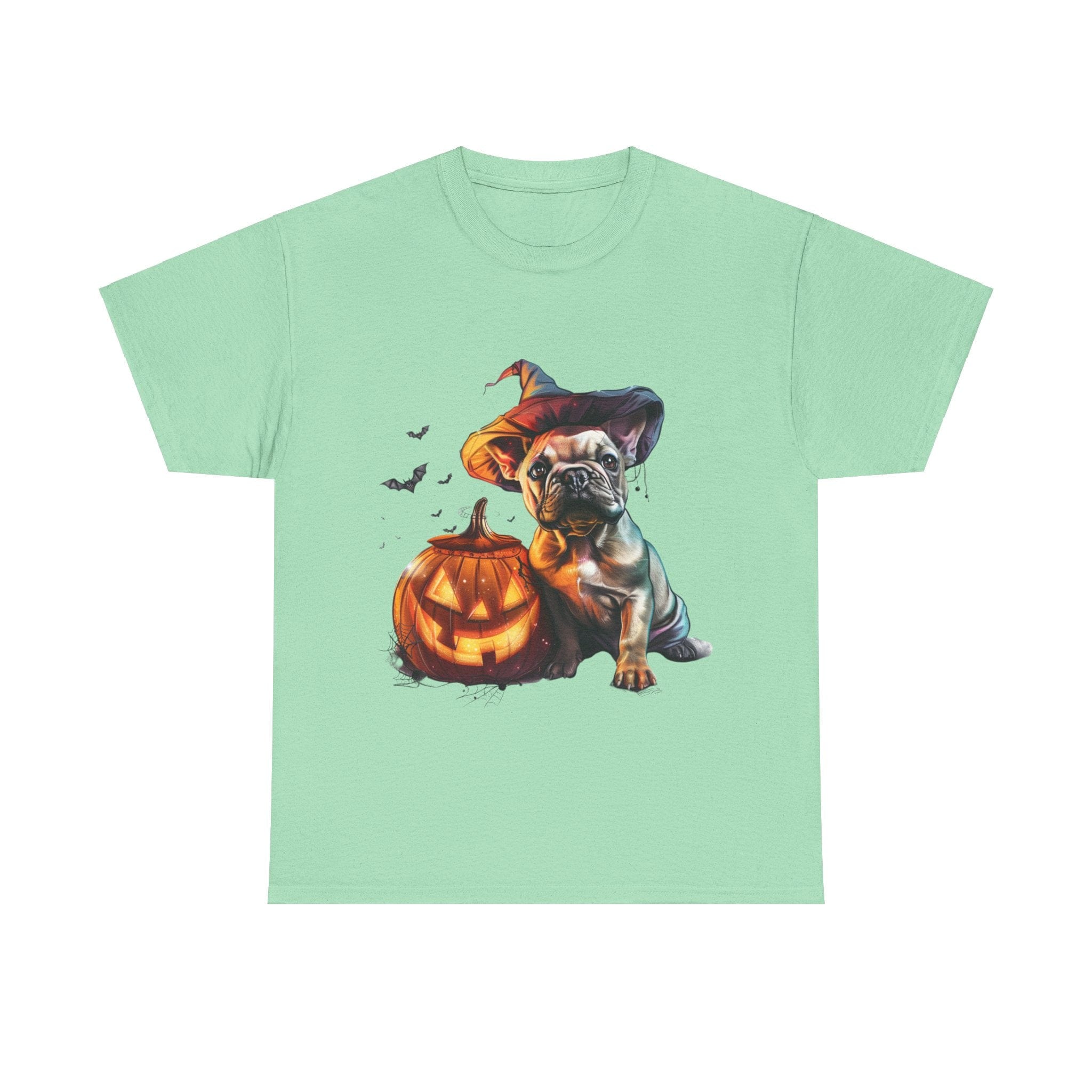 Printify T-Shirt Mint Green / S Halloween French Bulldog with Pumpkin and Witch Hat Unisex Cotton Tee