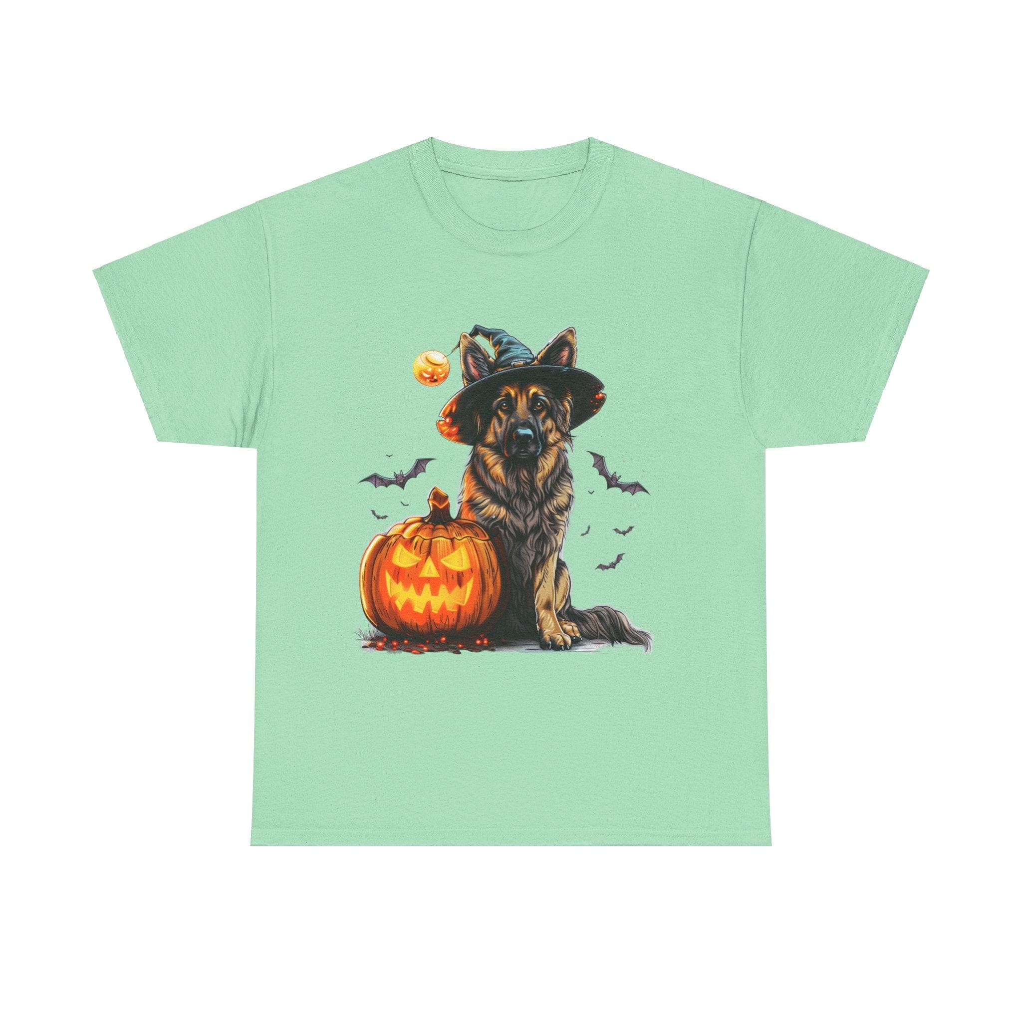 Printify T-Shirt Mint Green / S Halloween German Shepherd with Witch Hat and Pumpkin Unisex Cotton Tee