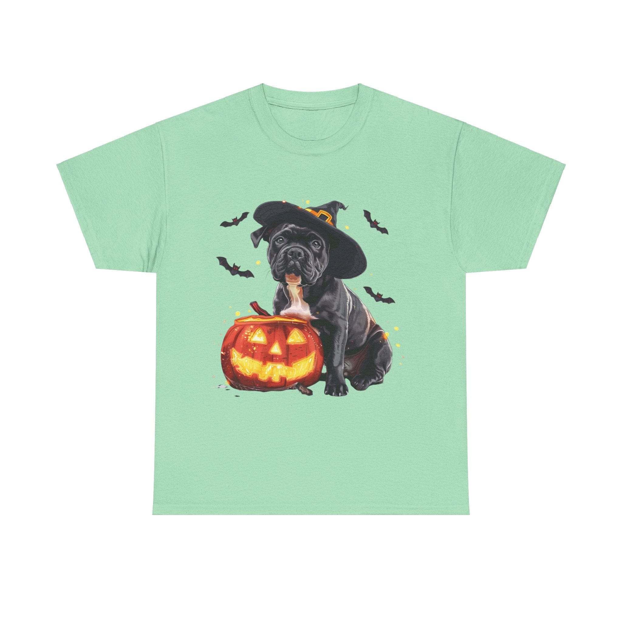 Printify T-Shirt Mint Green / S Halloween Staffordshire Bull Terrier in Witch Hat Tee – Unisex Cotton Shirt