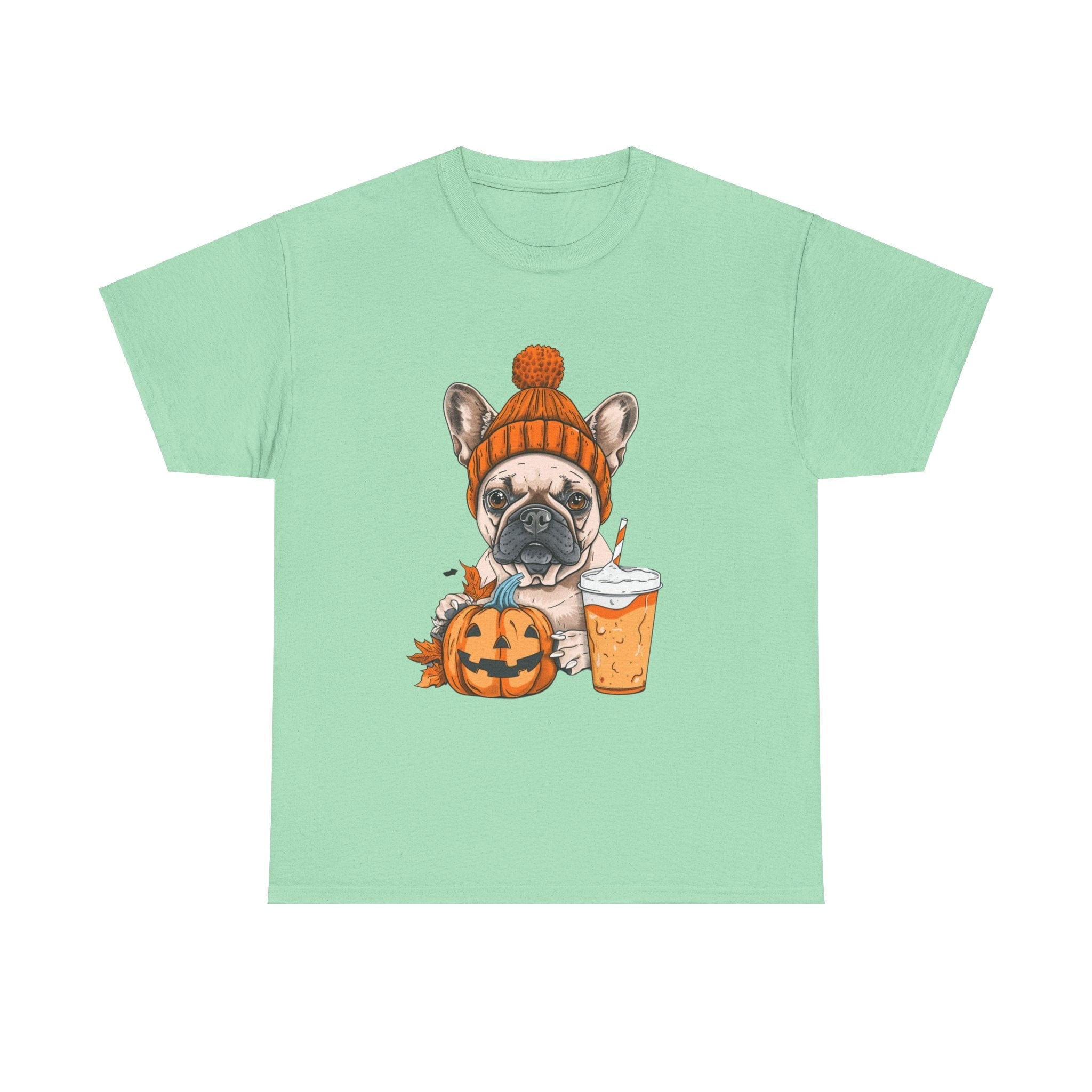 Printify T-Shirt Mint Green / S Pumpkin Spice Pooch French Bulldog Unisex Heavy Cotton Tee