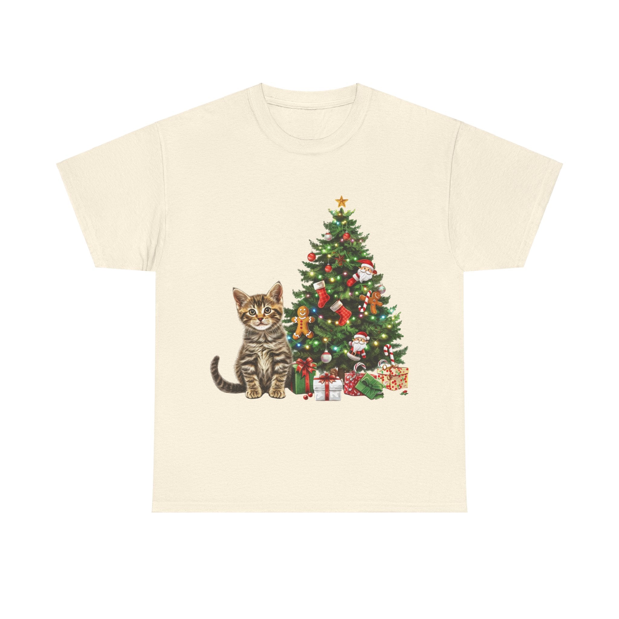 Printify T-Shirt Natural / S Adorable Tabby Kitten with Christmas Tree and Gifts – Festive Holiday Cat Art