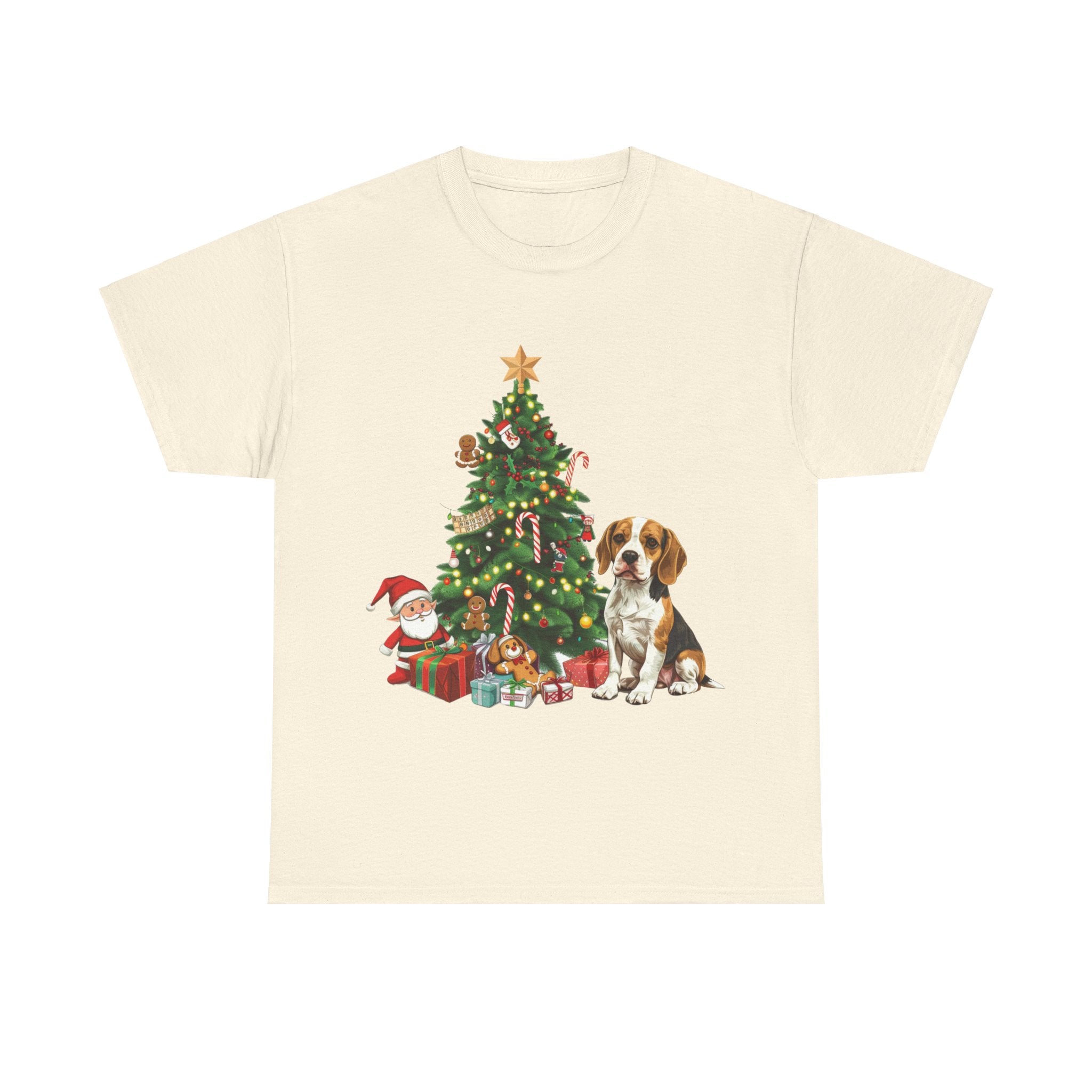 Printify T-Shirt Natural / S Beagle with Christmas Tree and Gifts – Festive Holiday Dog Art