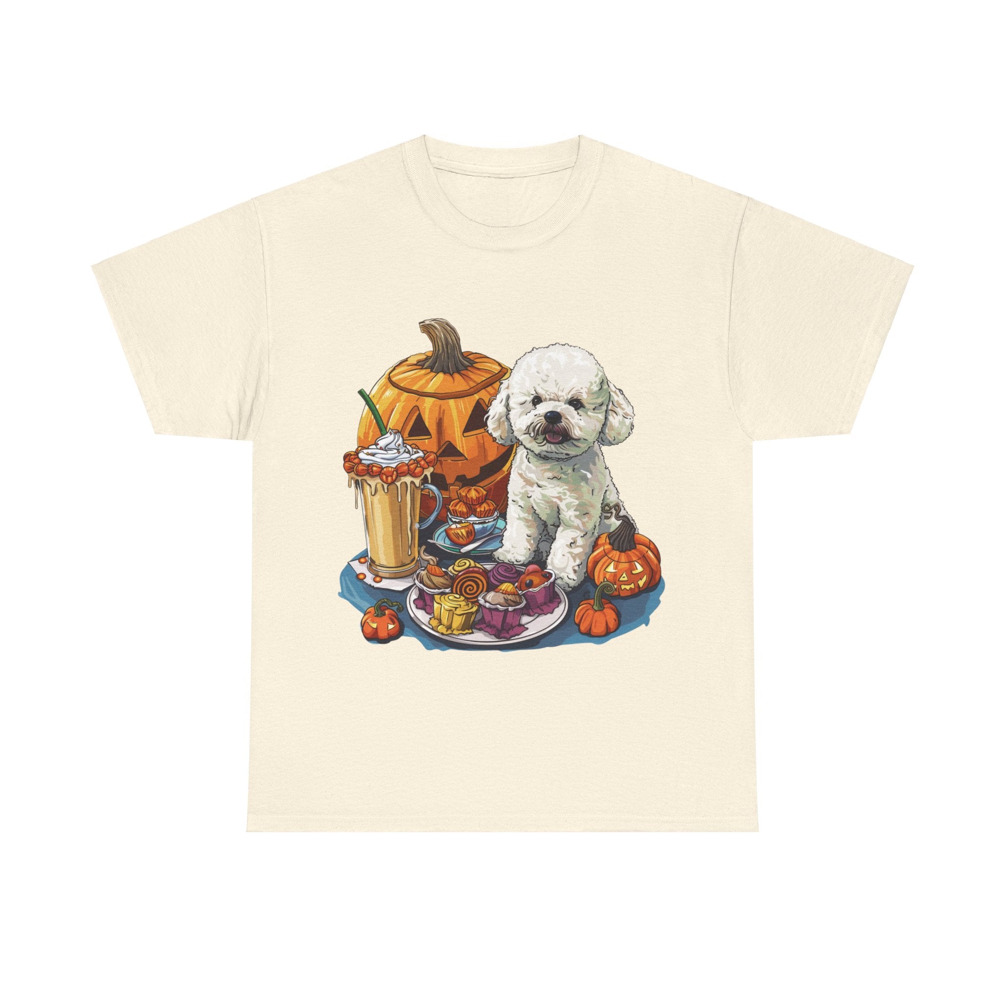 Printify T-Shirt Natural / S Bichon Frise Halloween Design with Jack-o'-Lanterns and Festive Treats – Perfect for Dog Lovers