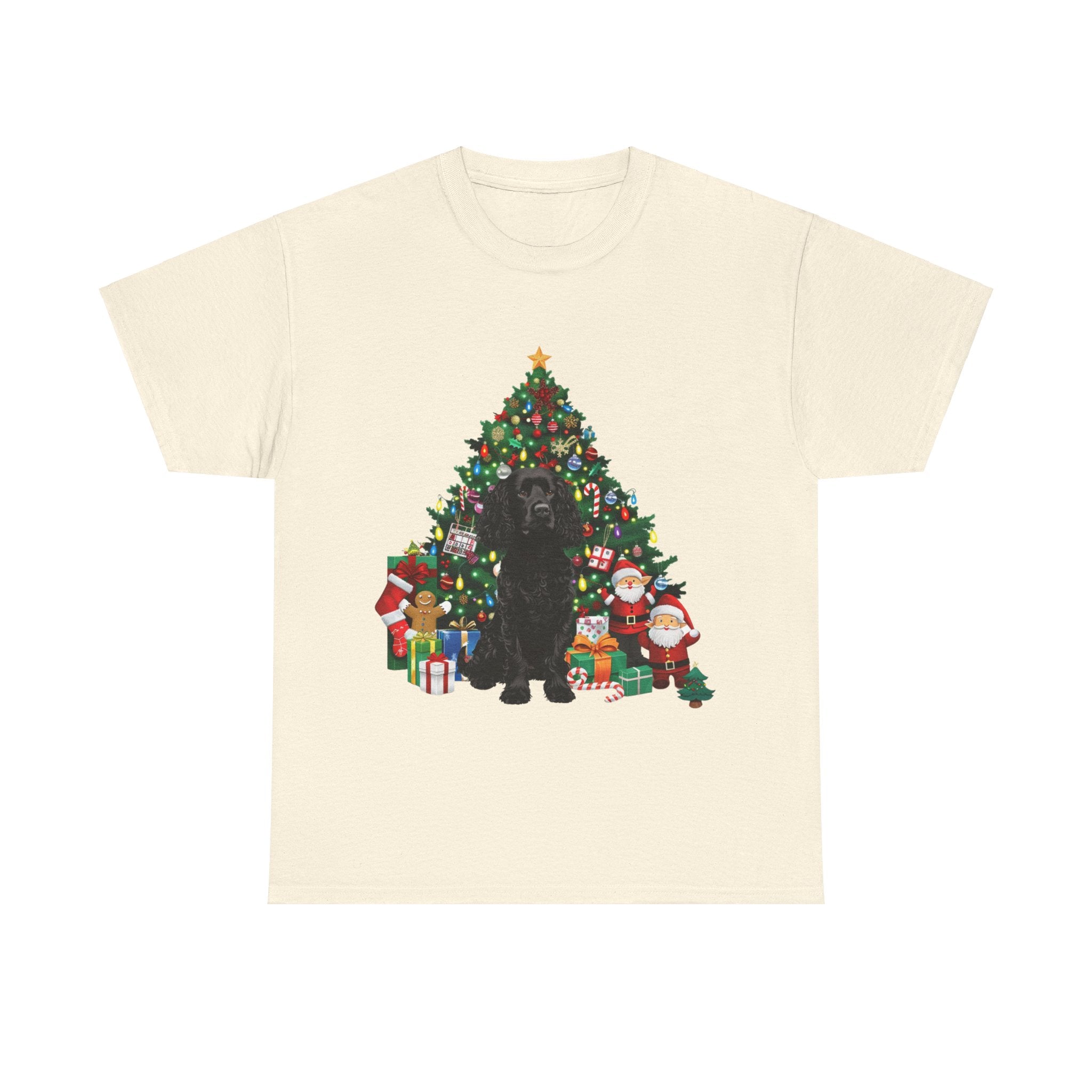 Printify T-Shirt Natural / S Black Cocker Spaniel with Christmas Tree and Santa – Festive Holiday Dog Art