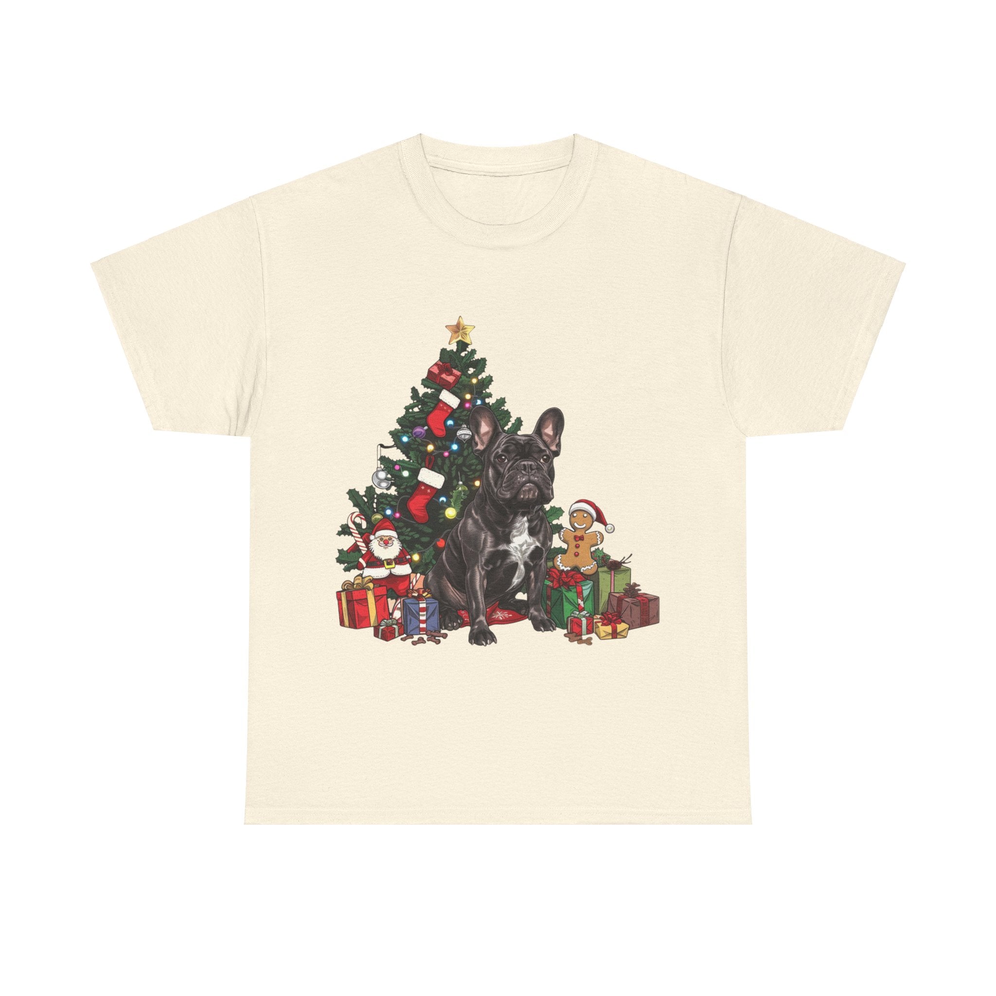 Printify T-Shirt Natural / S Black French Bulldog with Christmas Tree and Gifts – Festive Holiday Dog Art