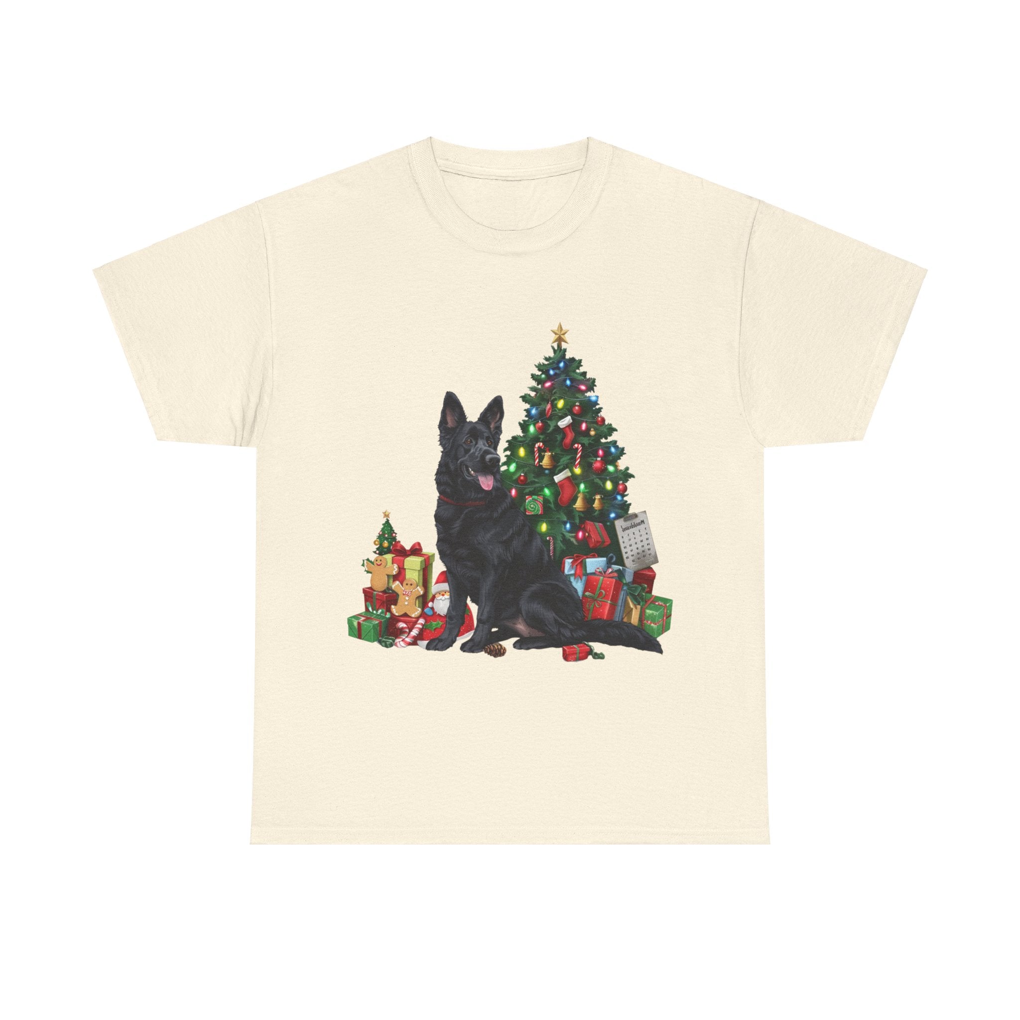 Printify T-Shirt Natural / S Black German Shepherd with Christmas Tree and Gifts – Festive Holiday Dog Art