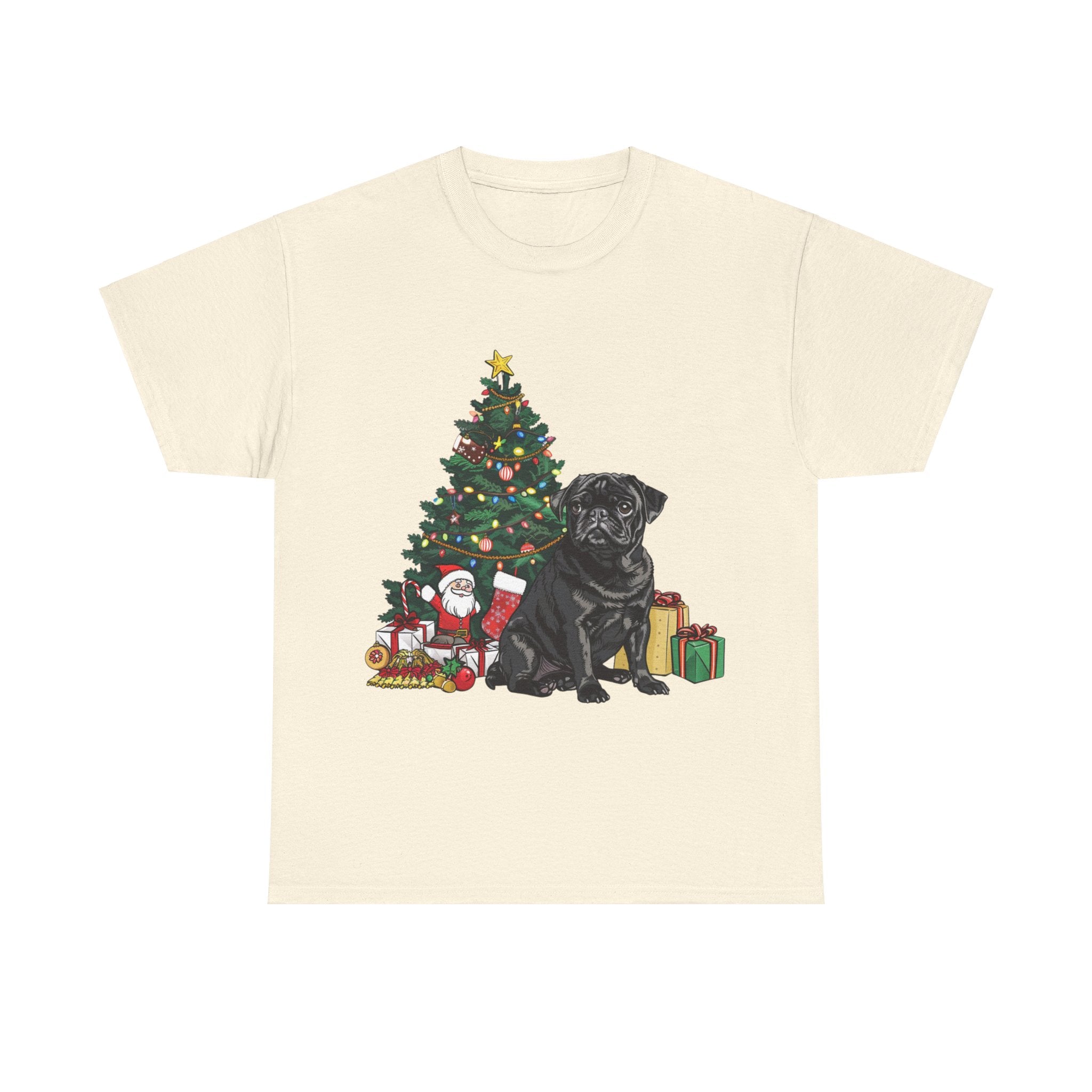 Printify T-Shirt Natural / S Black Pug with Christmas Tree and Gifts – Festive Holiday Dog Art