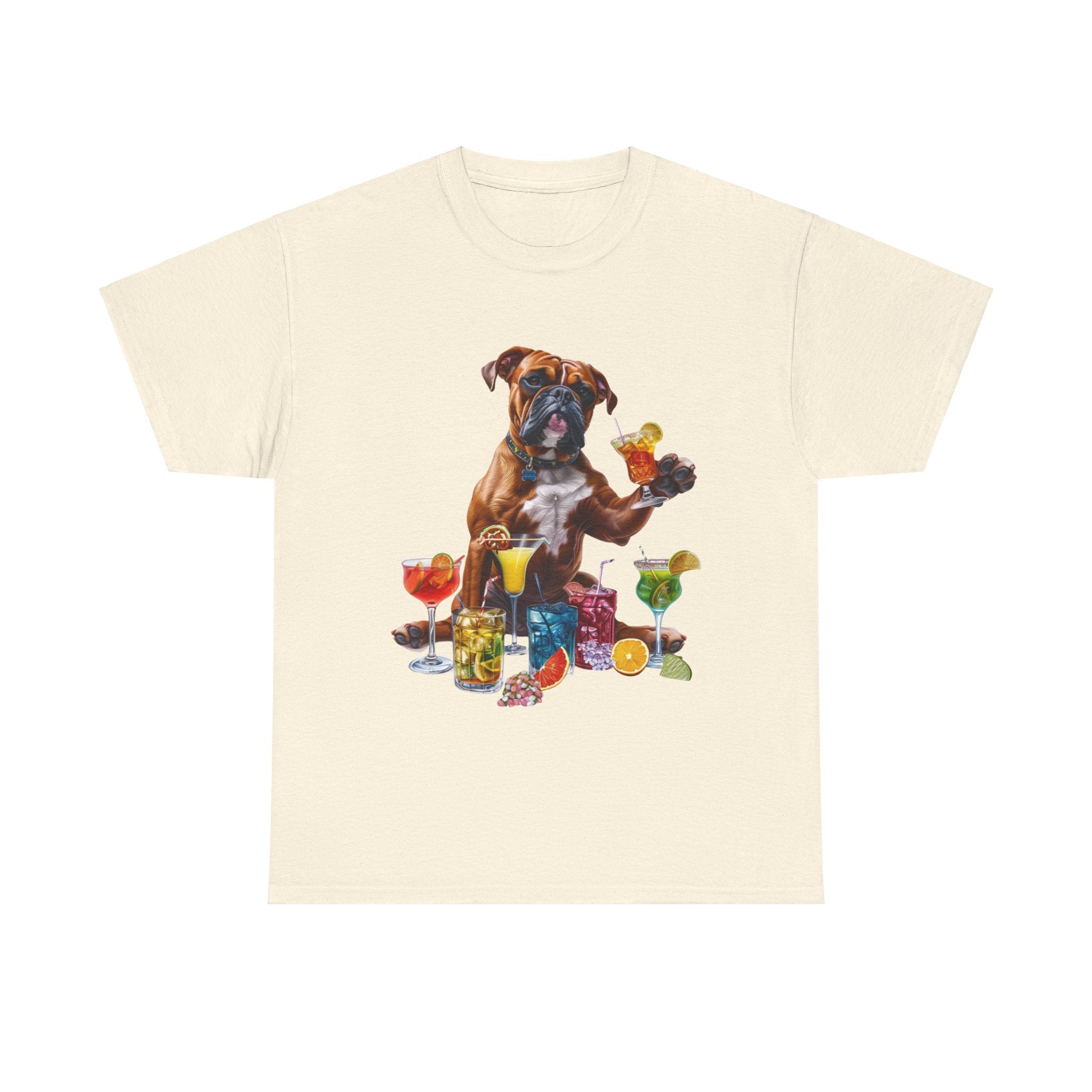 Printify T-Shirt Natural / S Boxer Dog Cocktail Design with Vibrant Drinks – Fun and Playful for Dog Lovers