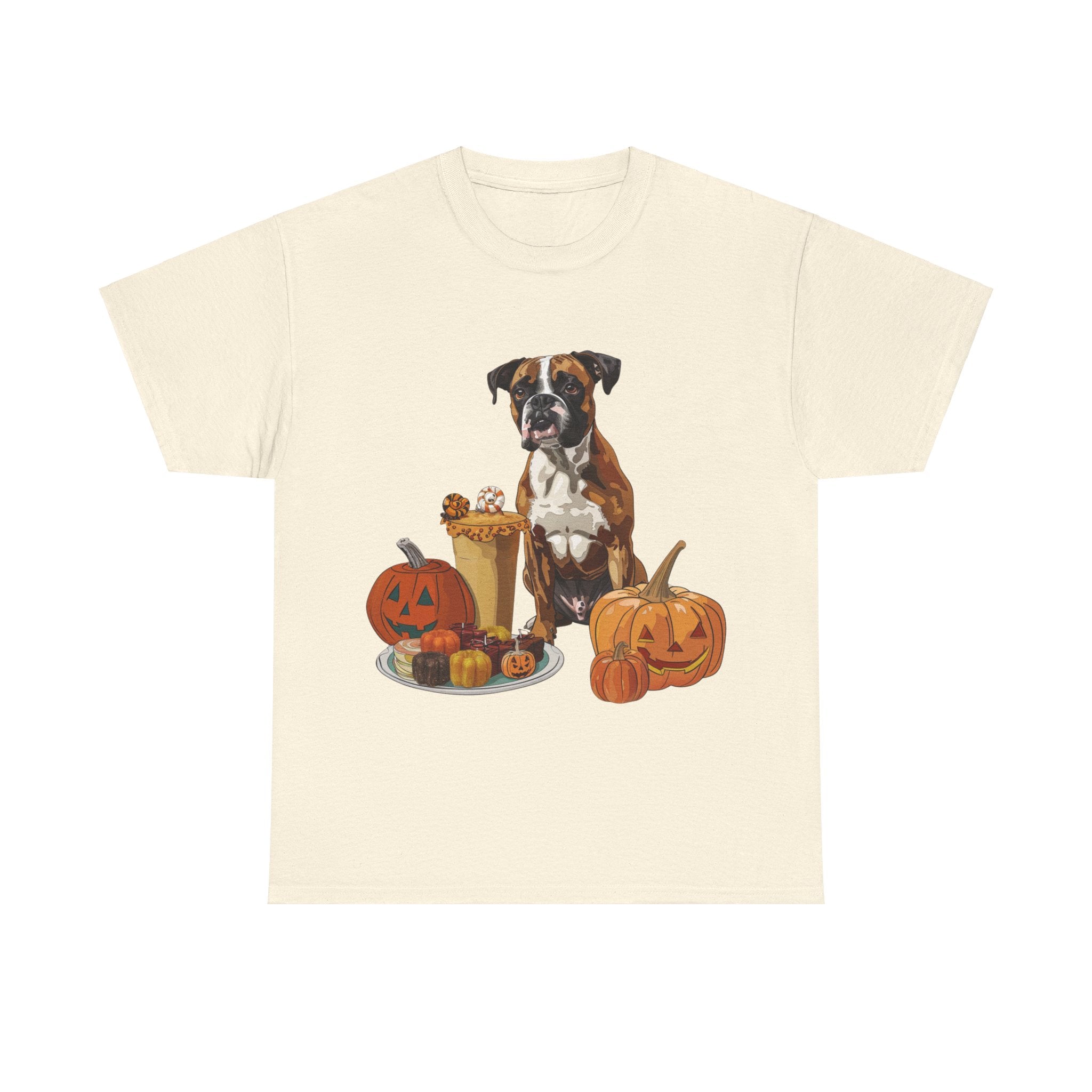 Printify T-Shirt Natural / S Boxer Halloween Design with Jack-o'-Lanterns and Festive Sweets – Ideal for Dog Lovers