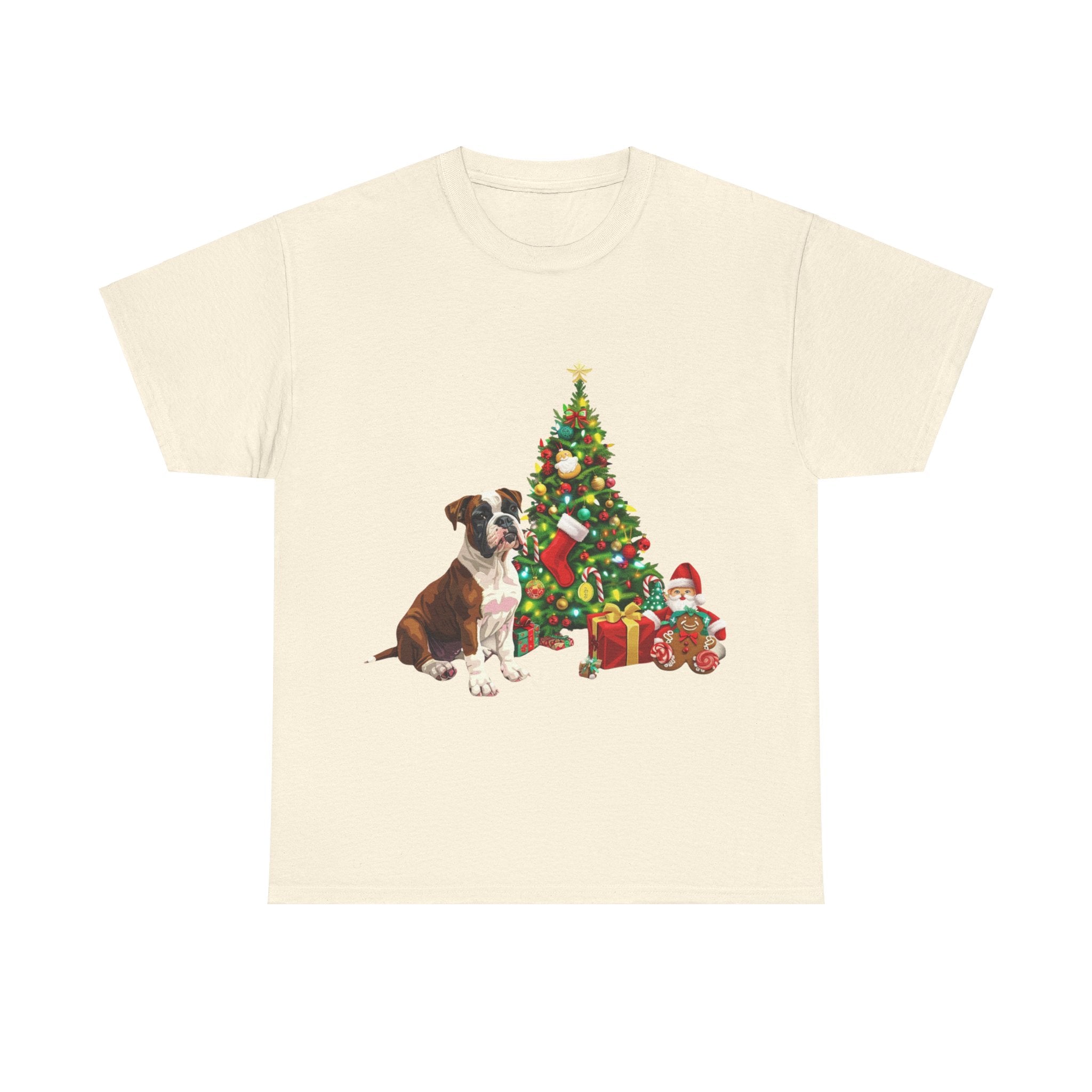 Printify T-Shirt Natural / S Boxer with Christmas Tree and Gifts – Festive Holiday Dog Art