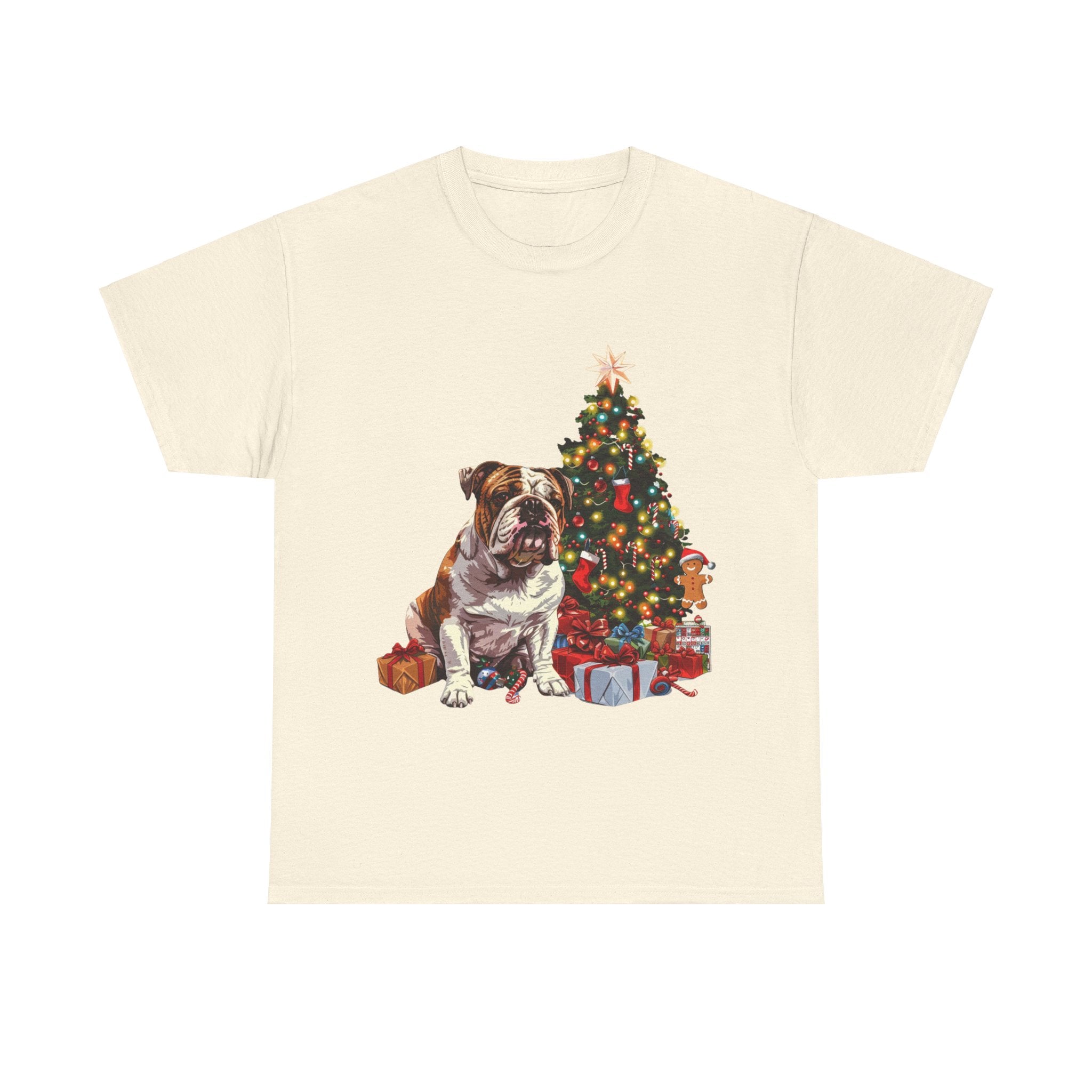 Printify T-Shirt Natural / S Bulldog with Christmas Tree and Gifts – Festive Holiday Dog Art