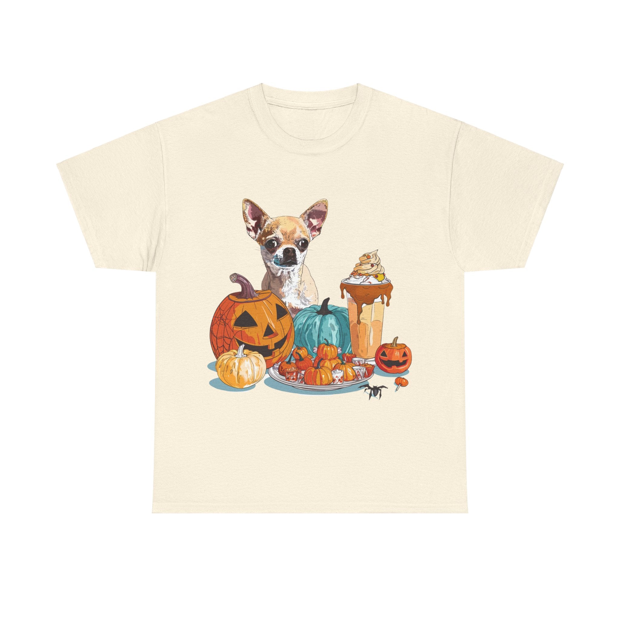 Printify T-Shirt Natural / S Chihuahua Halloween Design with Jack-o'-Lanterns and Festive Sweets – Perfect for Dog Lovers