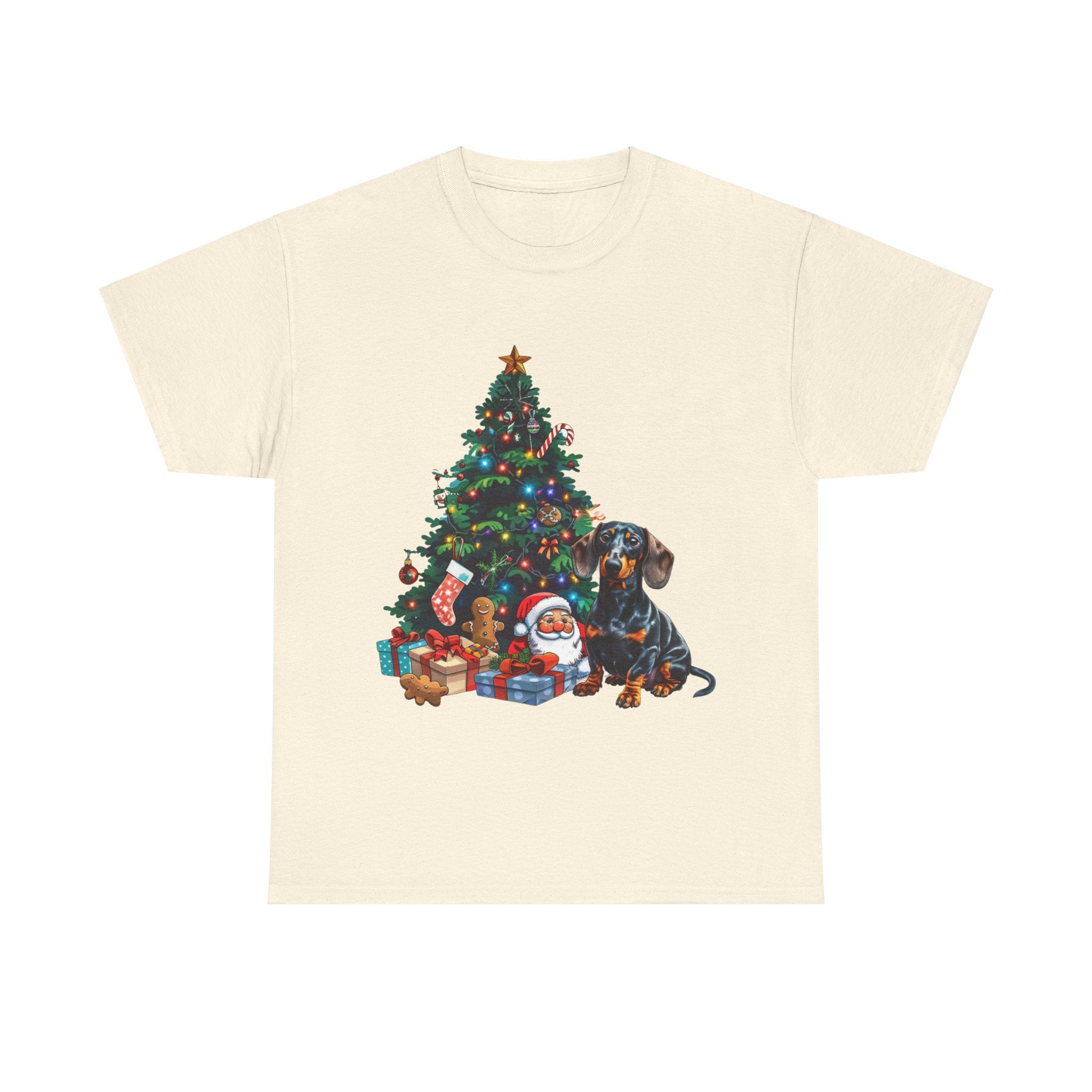 Printify T-Shirt Natural / S Dachshund with Christmas Tree and Santa – Festive Holiday Dog Art