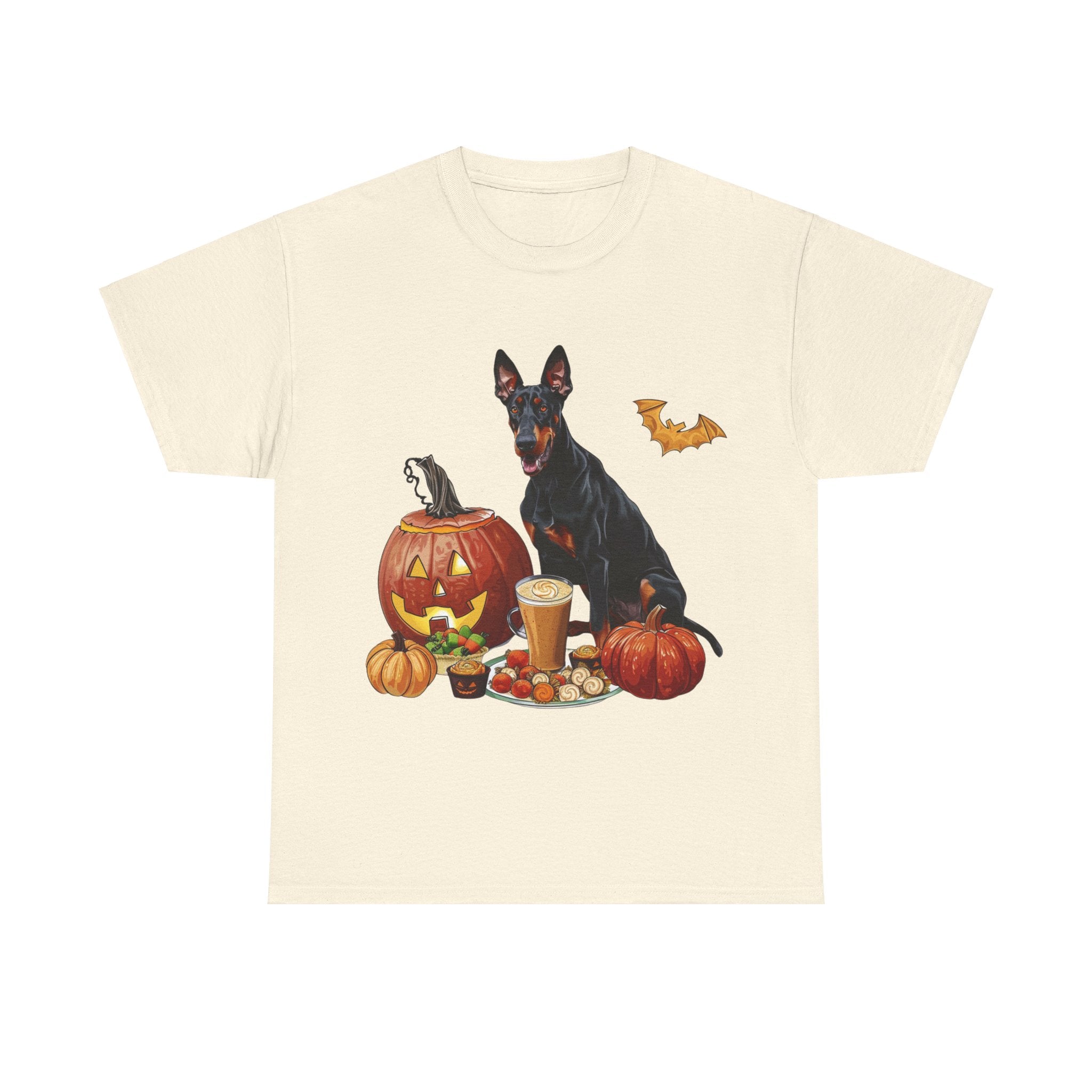 Printify T-Shirt Natural / S Doberman Halloween Design with Jack-o'-Lanterns and Festive Treats – Perfect for Dog Lovers