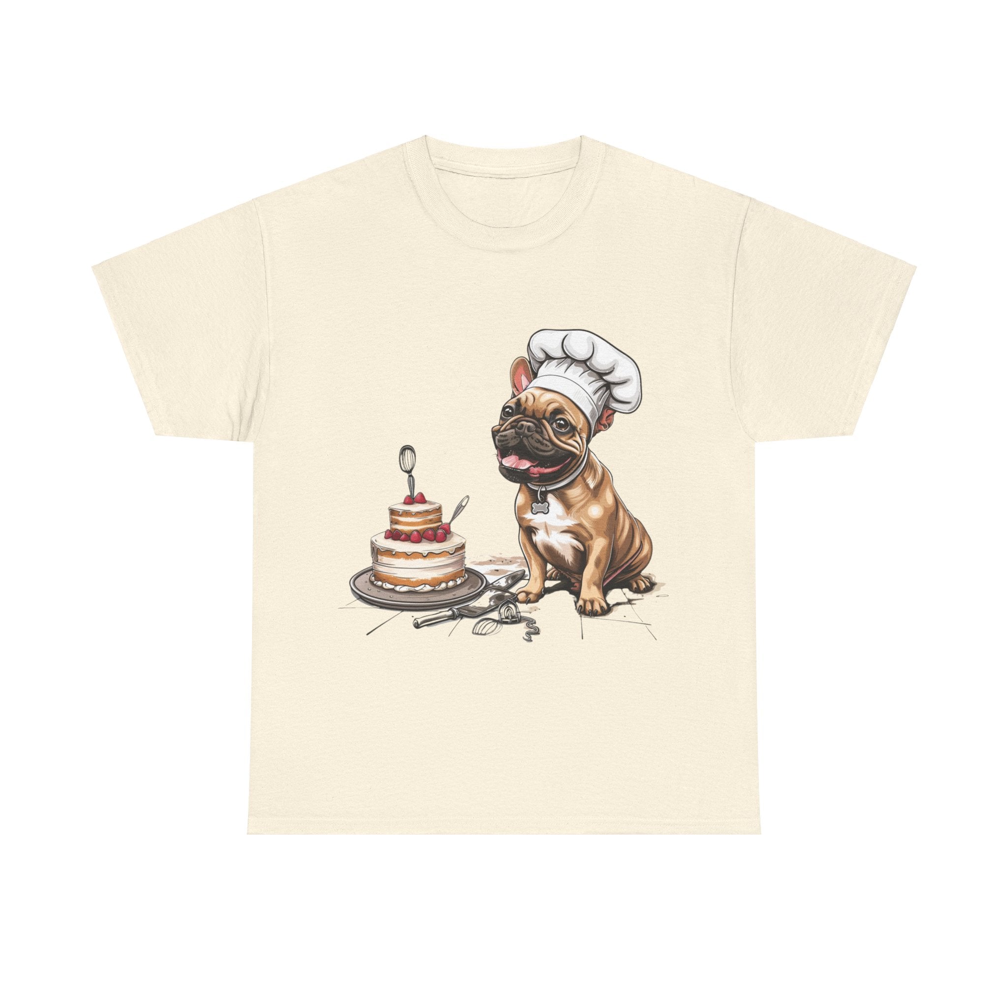 Printify T-Shirt Natural / S French Bulldog Chef Design with Cake – Perfect for Dog Lovers and Baking Enthusiasts