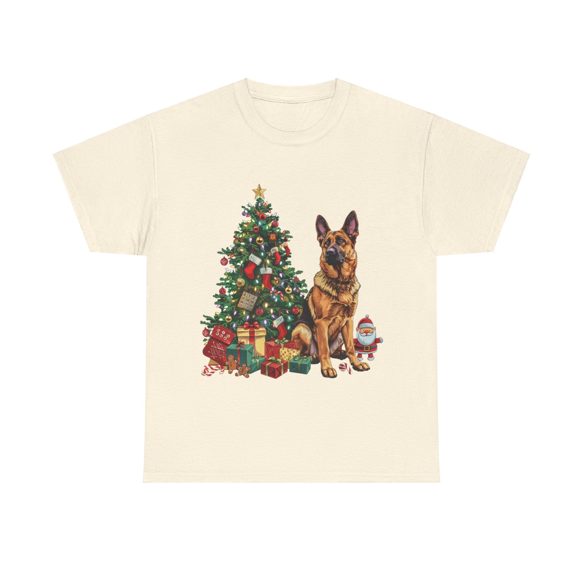 Printify T-Shirt Natural / S German Shepherd Christmas Tree with Santa and Gifts – Festive Holiday Dog Art for Christmas