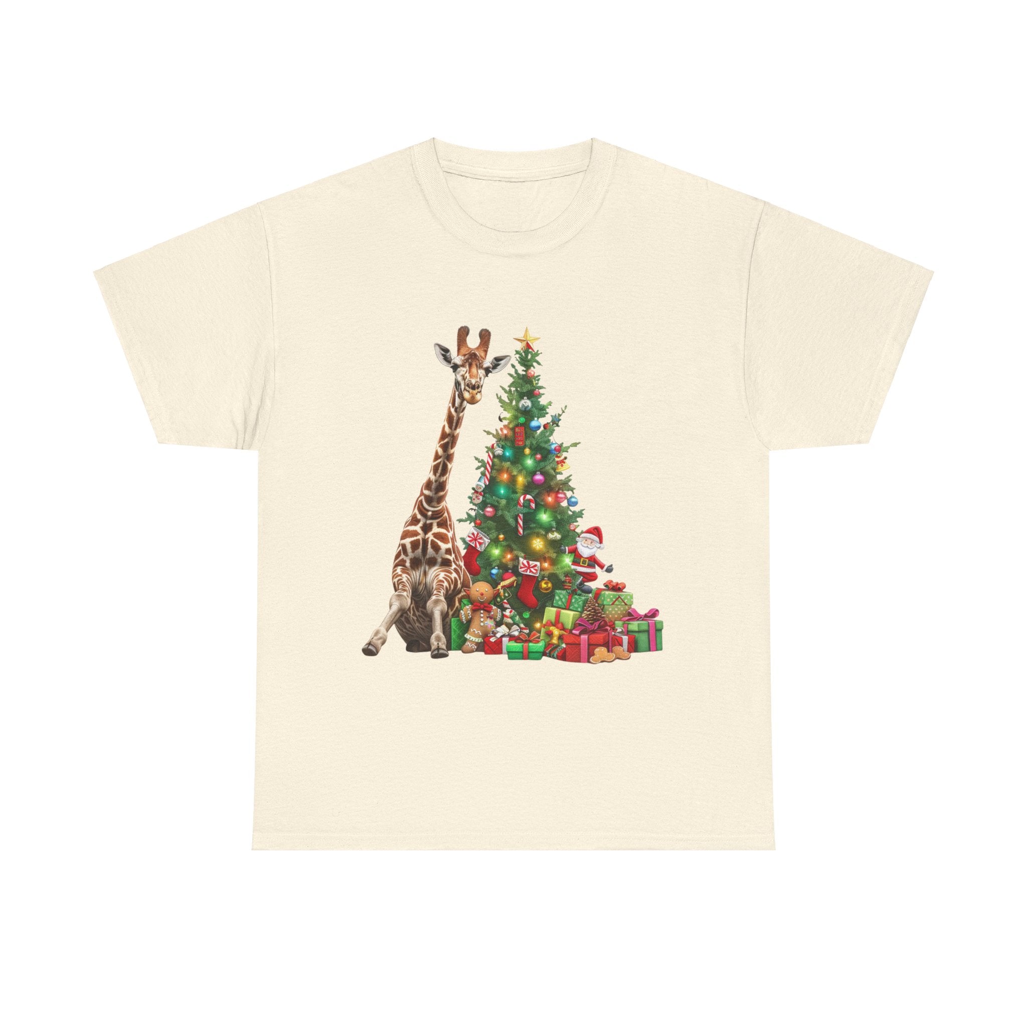 Printify T-Shirt Natural / S Giraffe with Christmas Tree and Gifts – Fun Holiday Animal Art