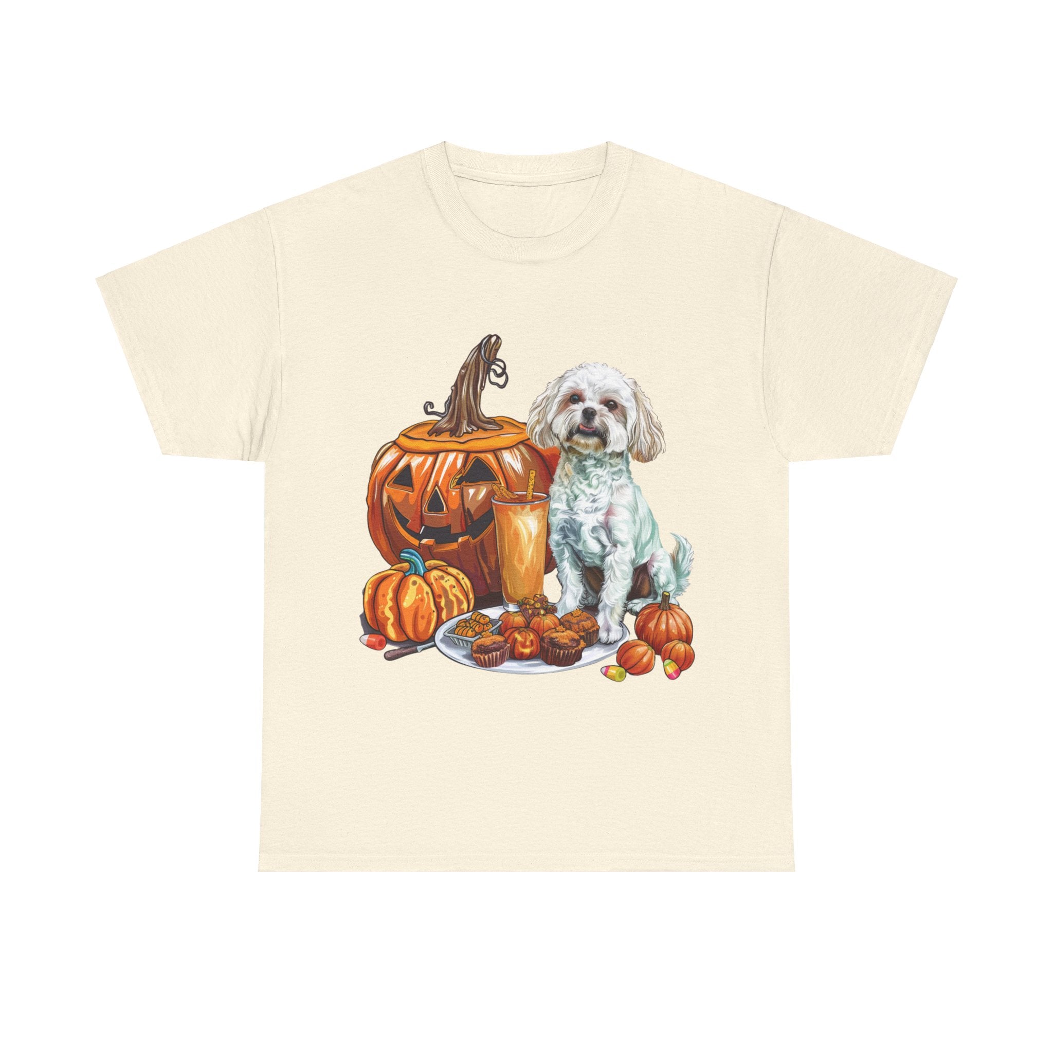 Printify T-Shirt Natural / S Maltese Halloween Design with Jack-o'-Lanterns and Festive Pumpkin Treats – Perfect for Dog Lovers