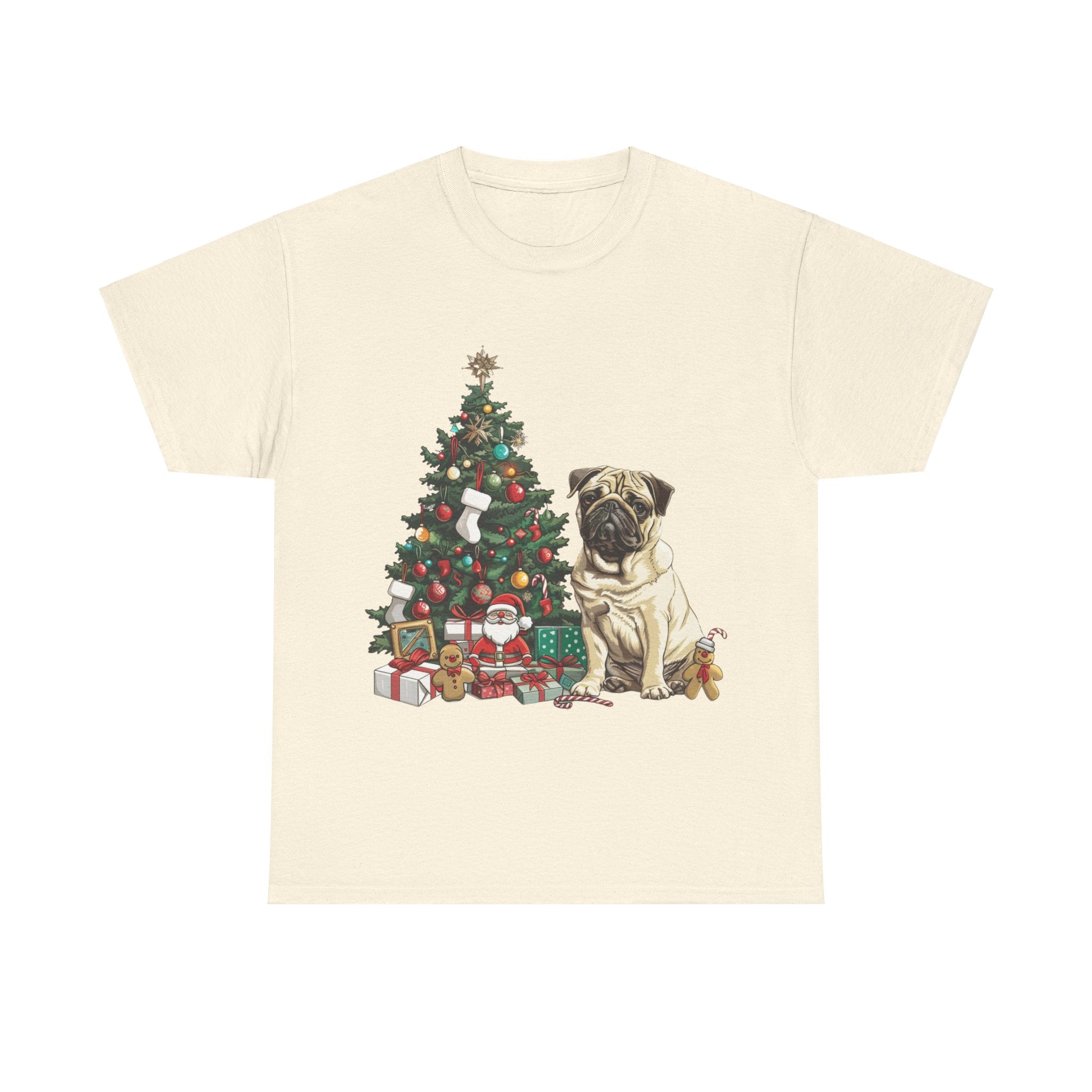 Printify T-Shirt Natural / S Pug with Christmas Tree and Gifts – Festive Holiday Dog Art