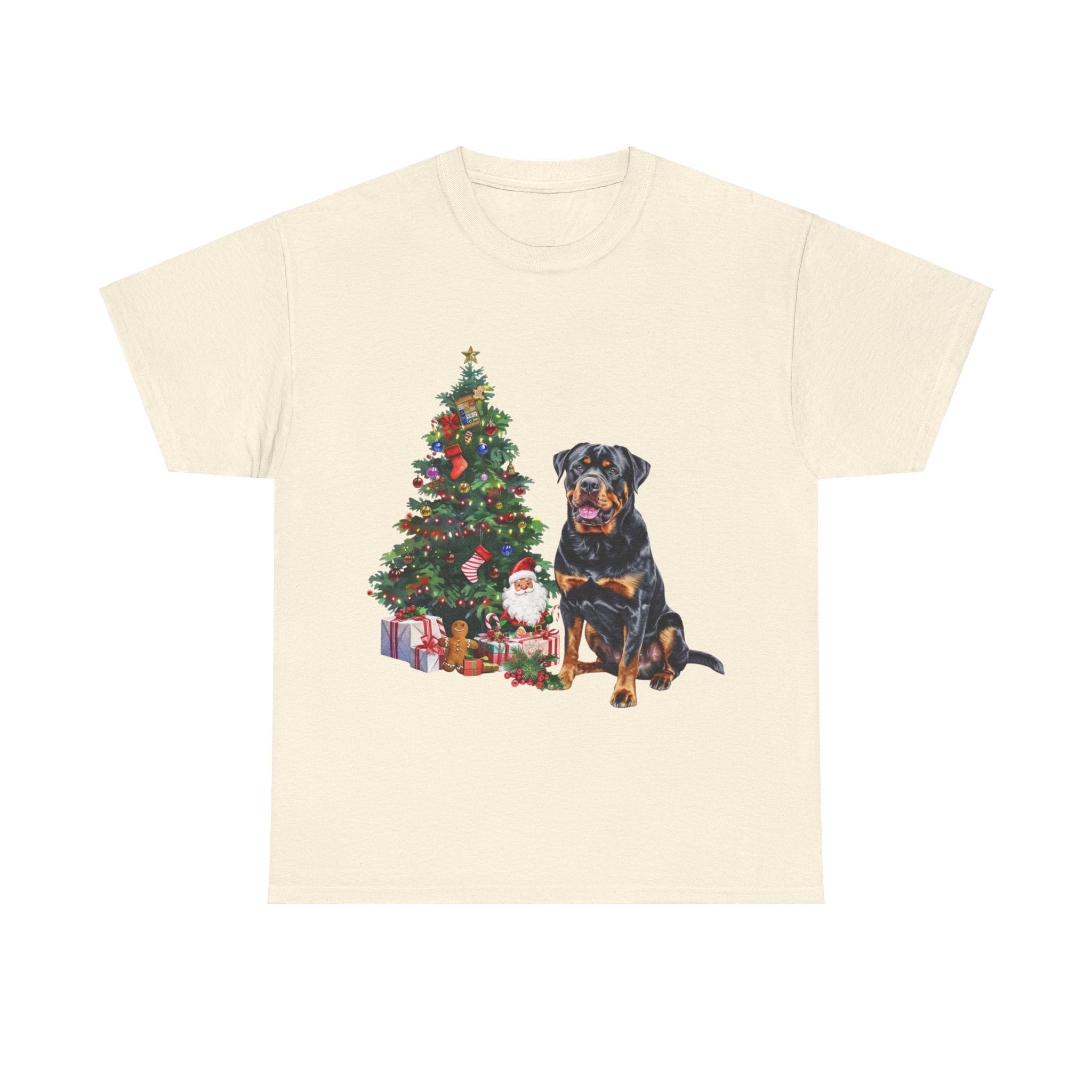 Printify T-Shirt Natural / S Rottweiler with Christmas Tree and Gifts – Festive Holiday Dog Art