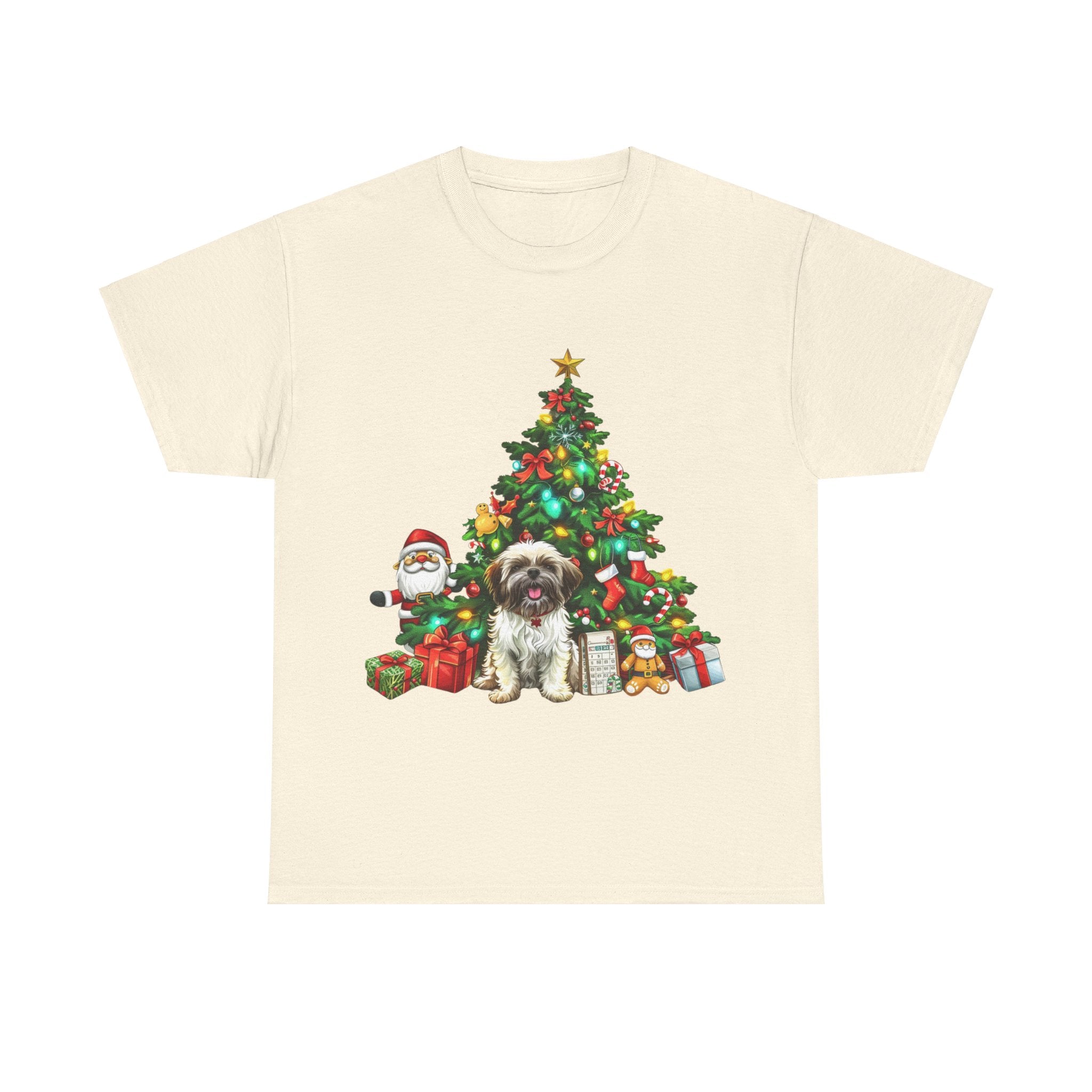 Printify T-Shirt Natural / S Shih Tzu with Christmas Tree and Gifts – Festive Holiday Dog Art