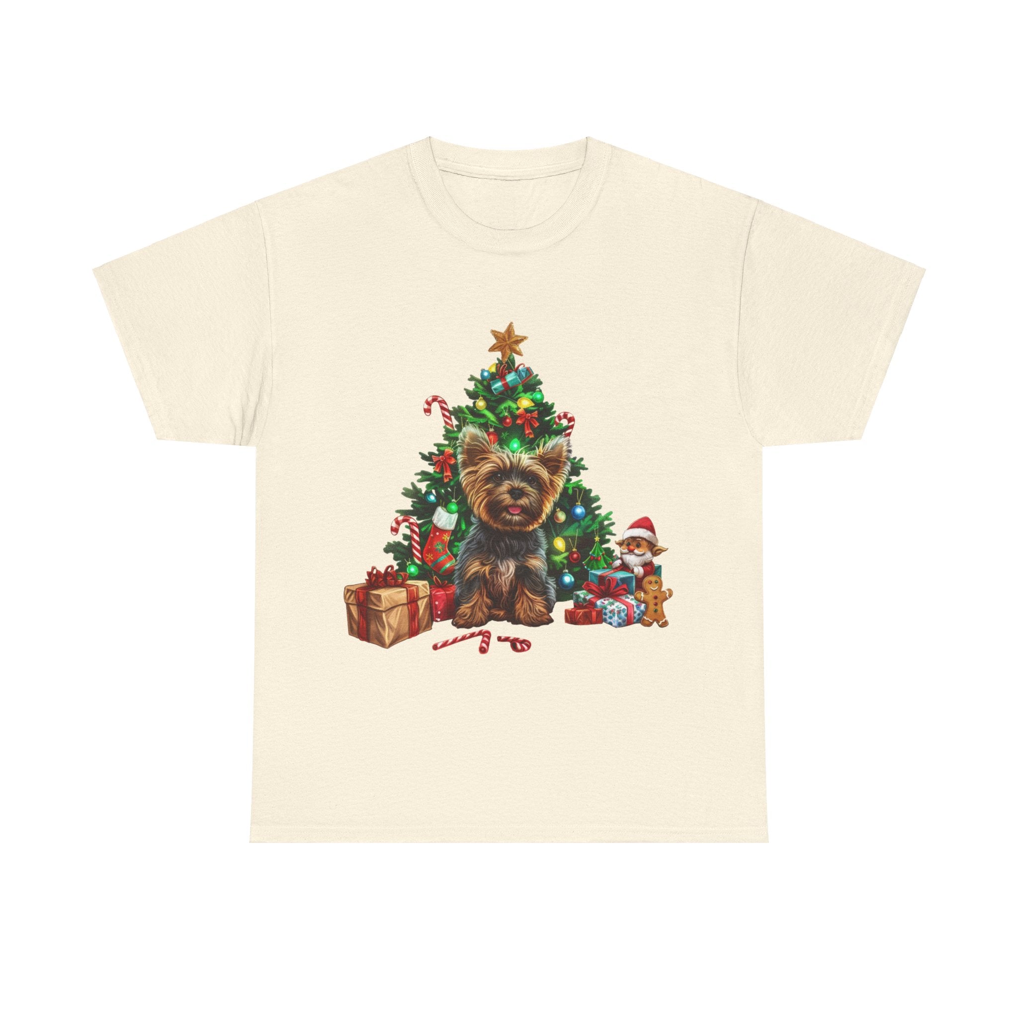 Printify T-Shirt Natural / S Yorkshire Terrier with Christmas Tree and Gifts – Festive Holiday Dog Art