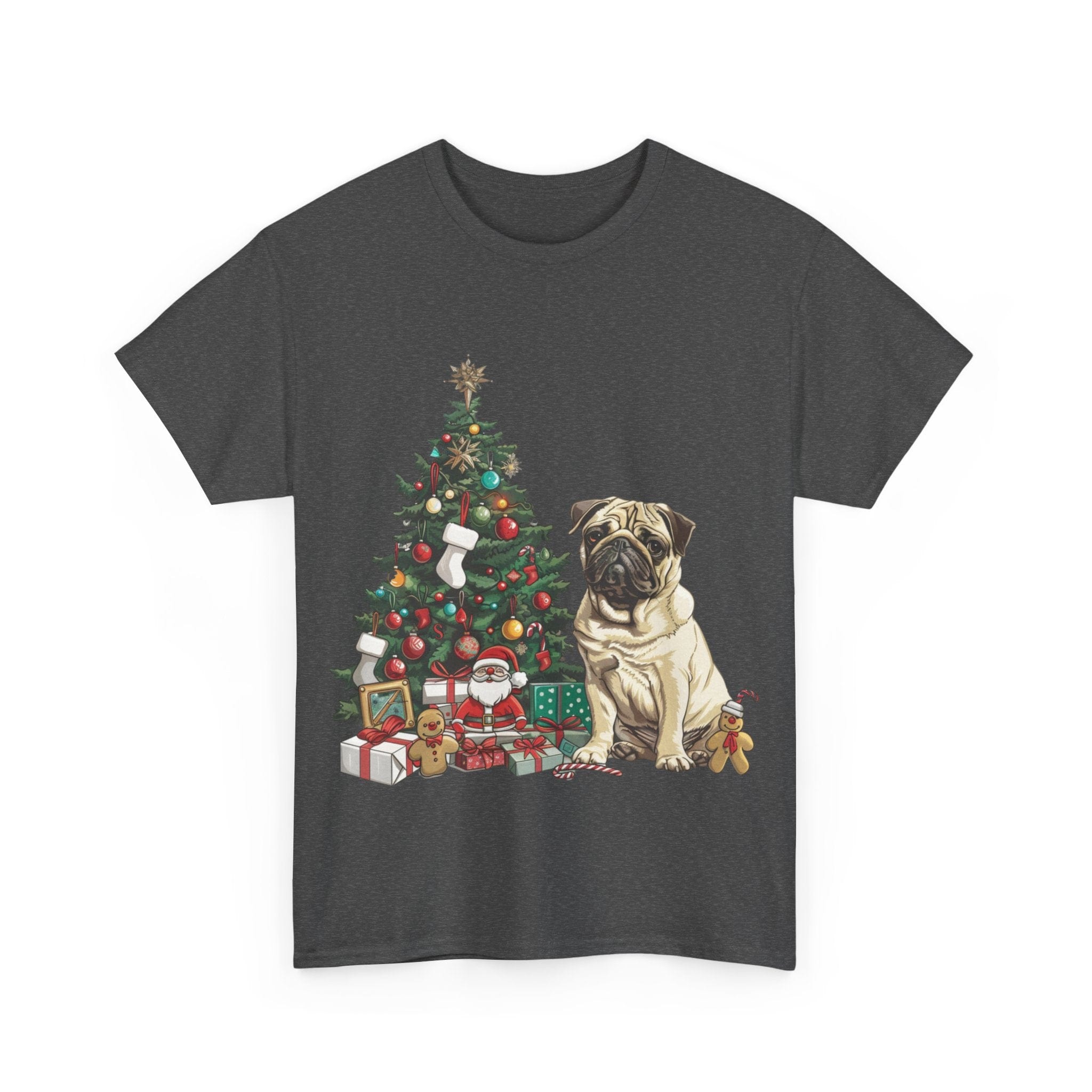 Printify T-Shirt Pug with Christmas Tree and Gifts – Festive Holiday Dog Art