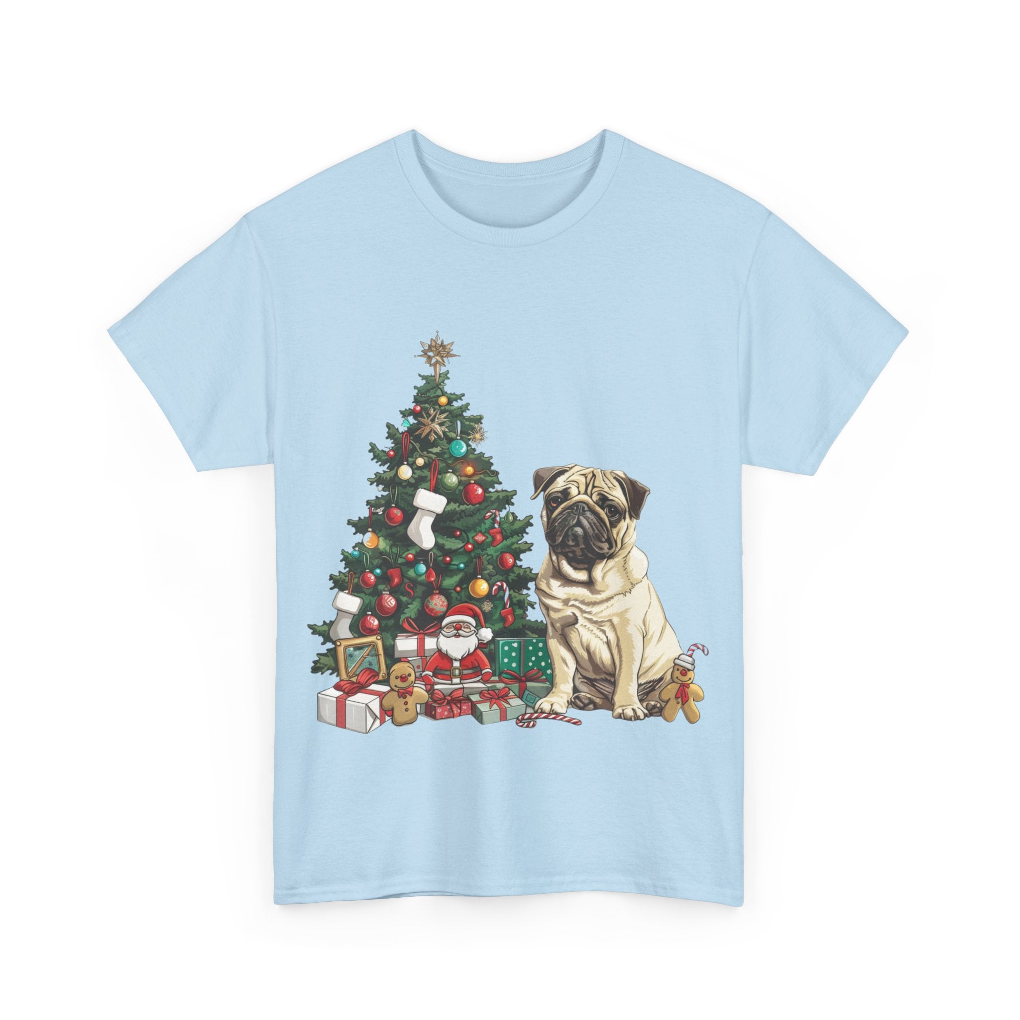 Printify T-Shirt Pug with Christmas Tree and Gifts – Festive Holiday Dog Art