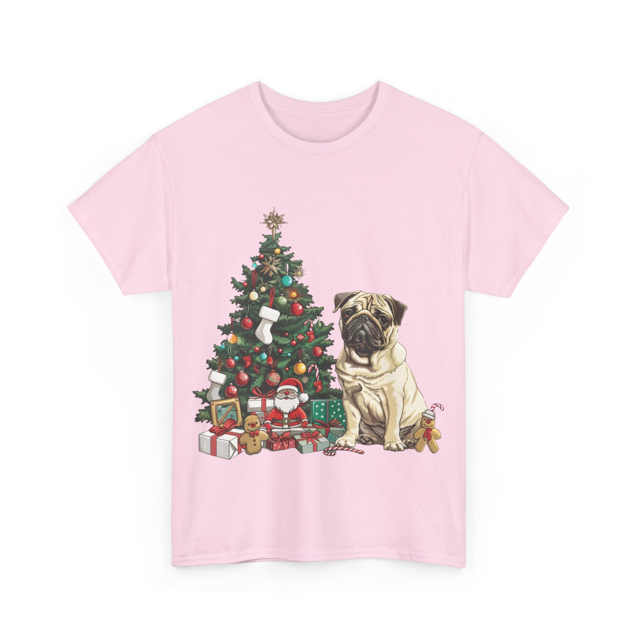 Printify T-Shirt Pug with Christmas Tree and Gifts – Festive Holiday Dog Art