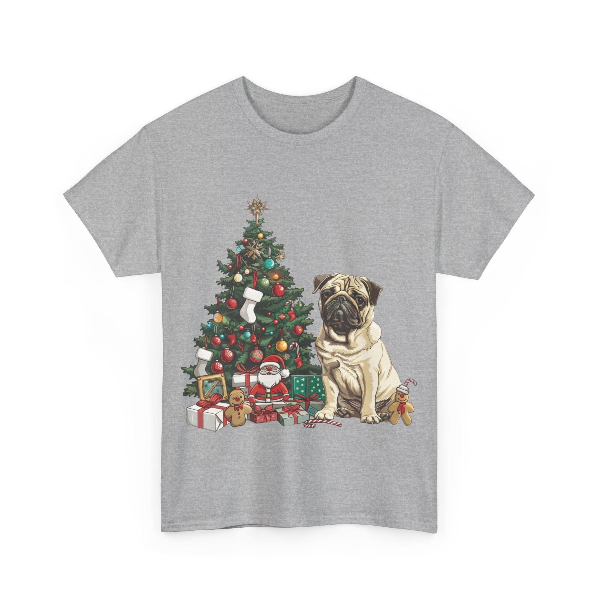 Printify T-Shirt Pug with Christmas Tree and Gifts – Festive Holiday Dog Art