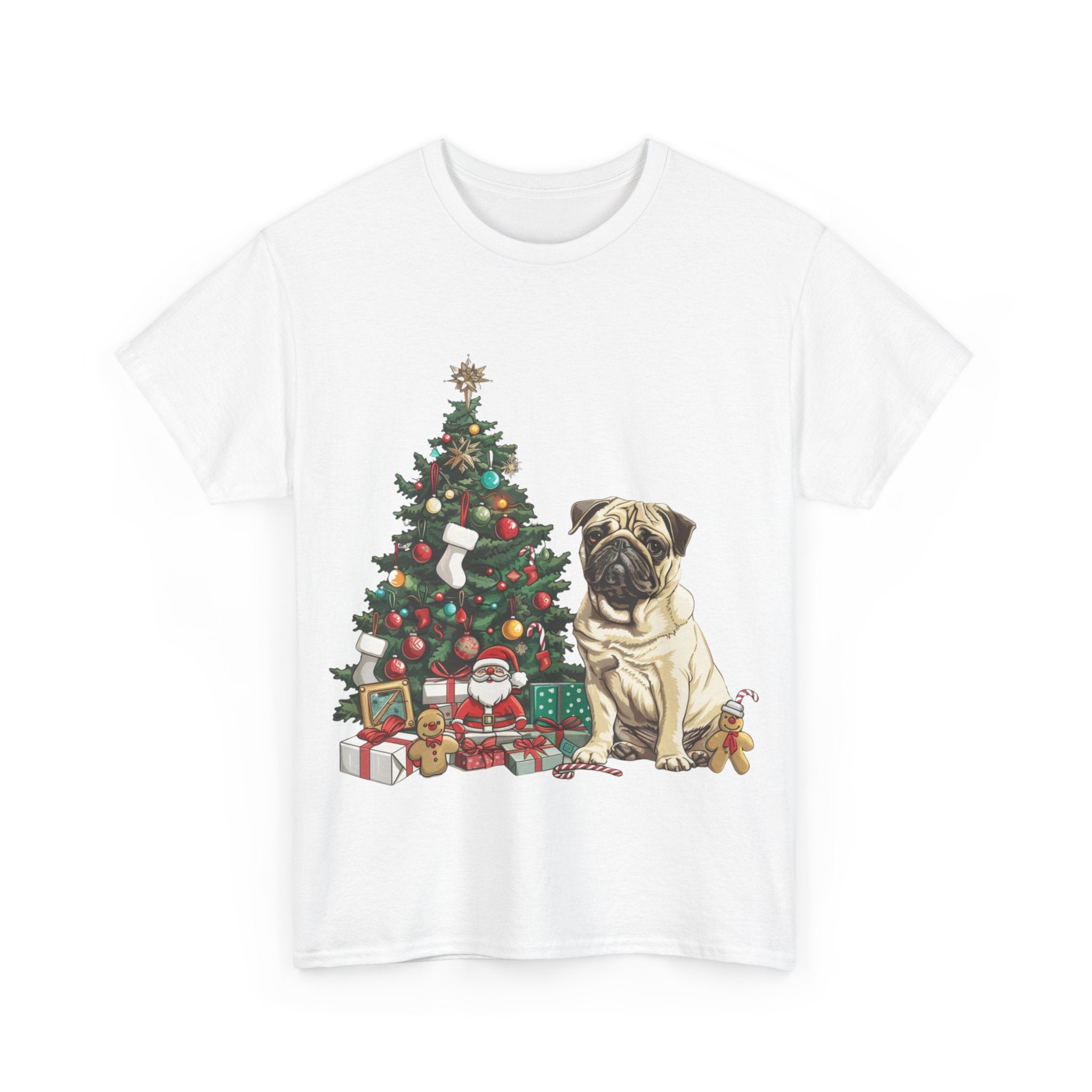 Printify T-Shirt Pug with Christmas Tree and Gifts – Festive Holiday Dog Art