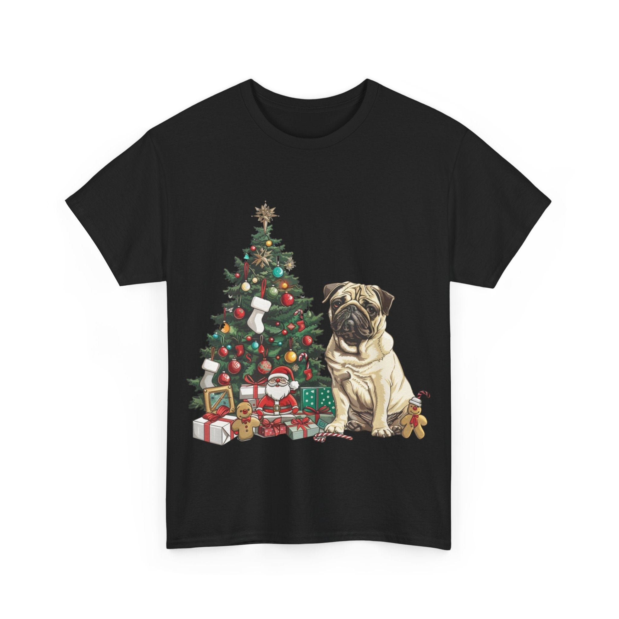 Printify T-Shirt Pug with Christmas Tree and Gifts – Festive Holiday Dog Art