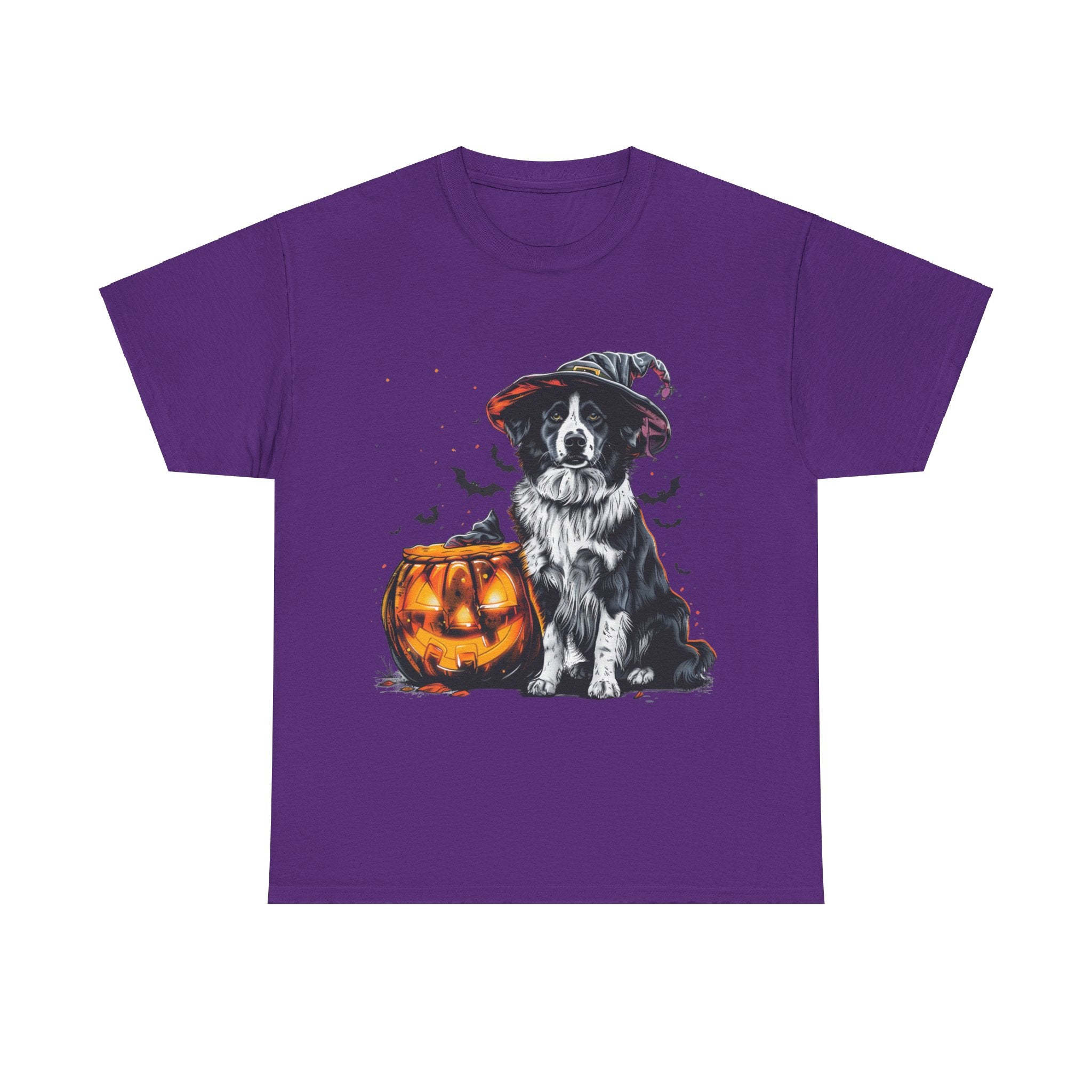 Printify T-Shirt Purple / S Border Collie Halloween Witch Hat Tee – Unisex Cotton Shirt