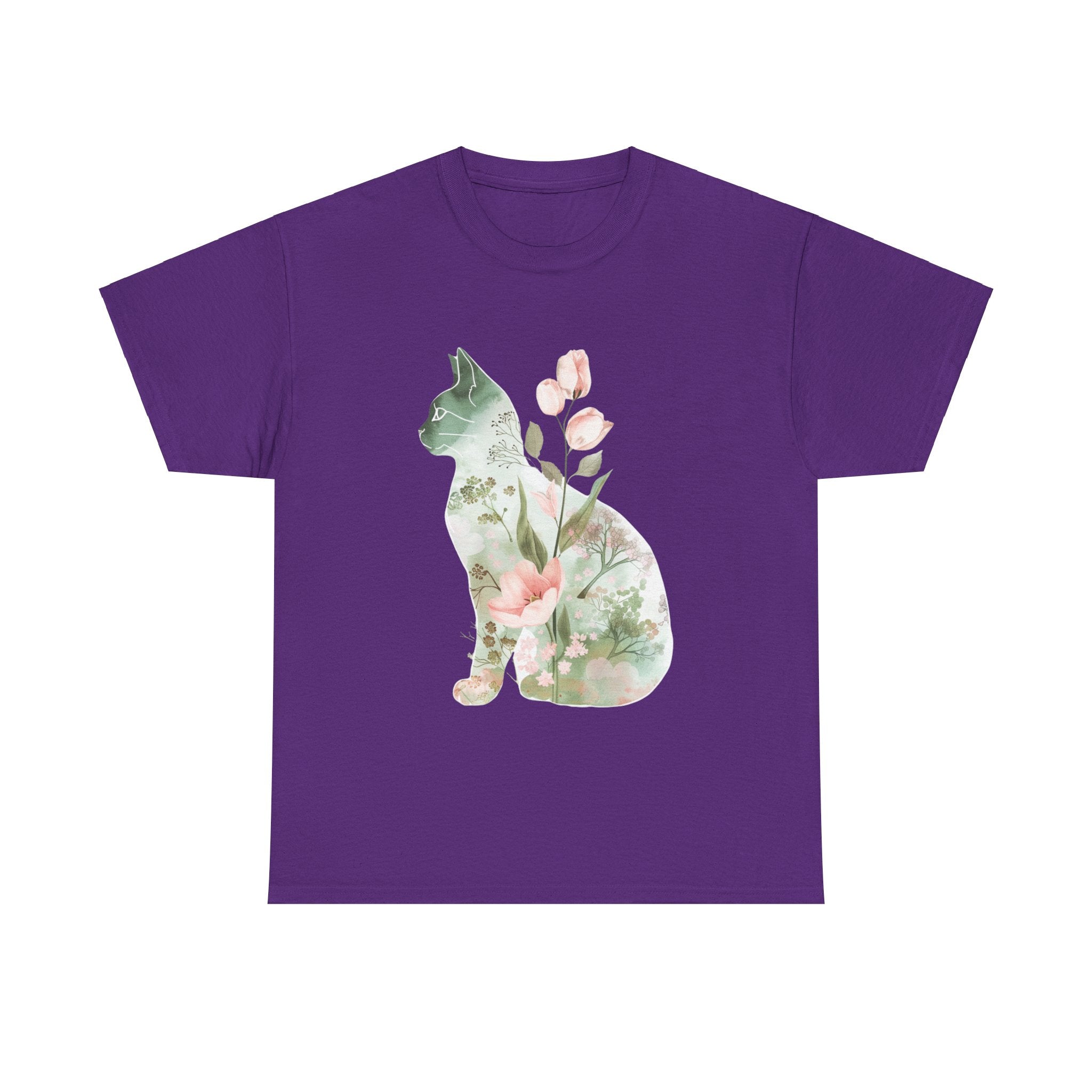 Printify T-Shirt Purple / S Floral Cat Unisex Heavy Cotton Tee