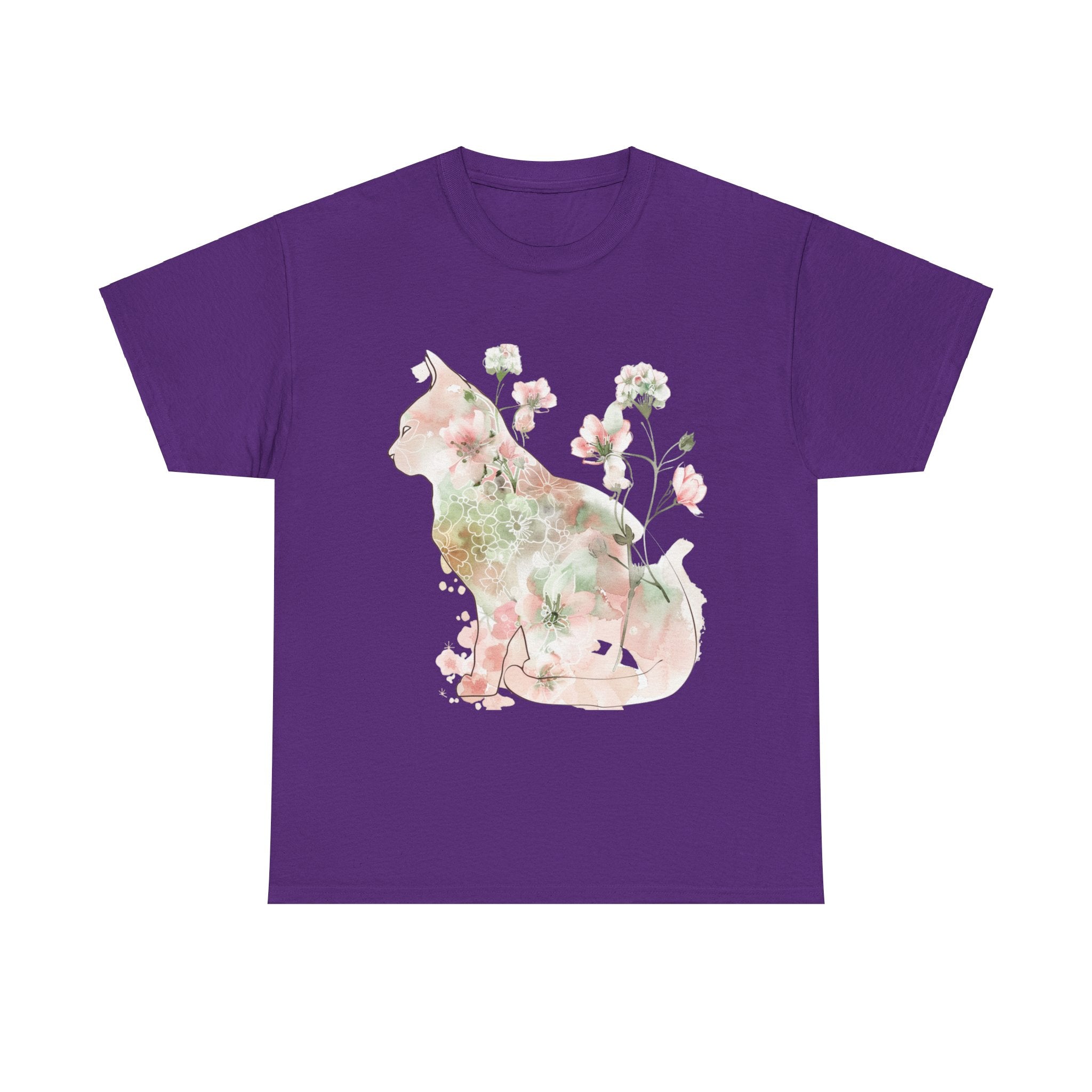 Printify T-Shirt Purple / S Floral Cat Unisex Heavy Cotton Tee