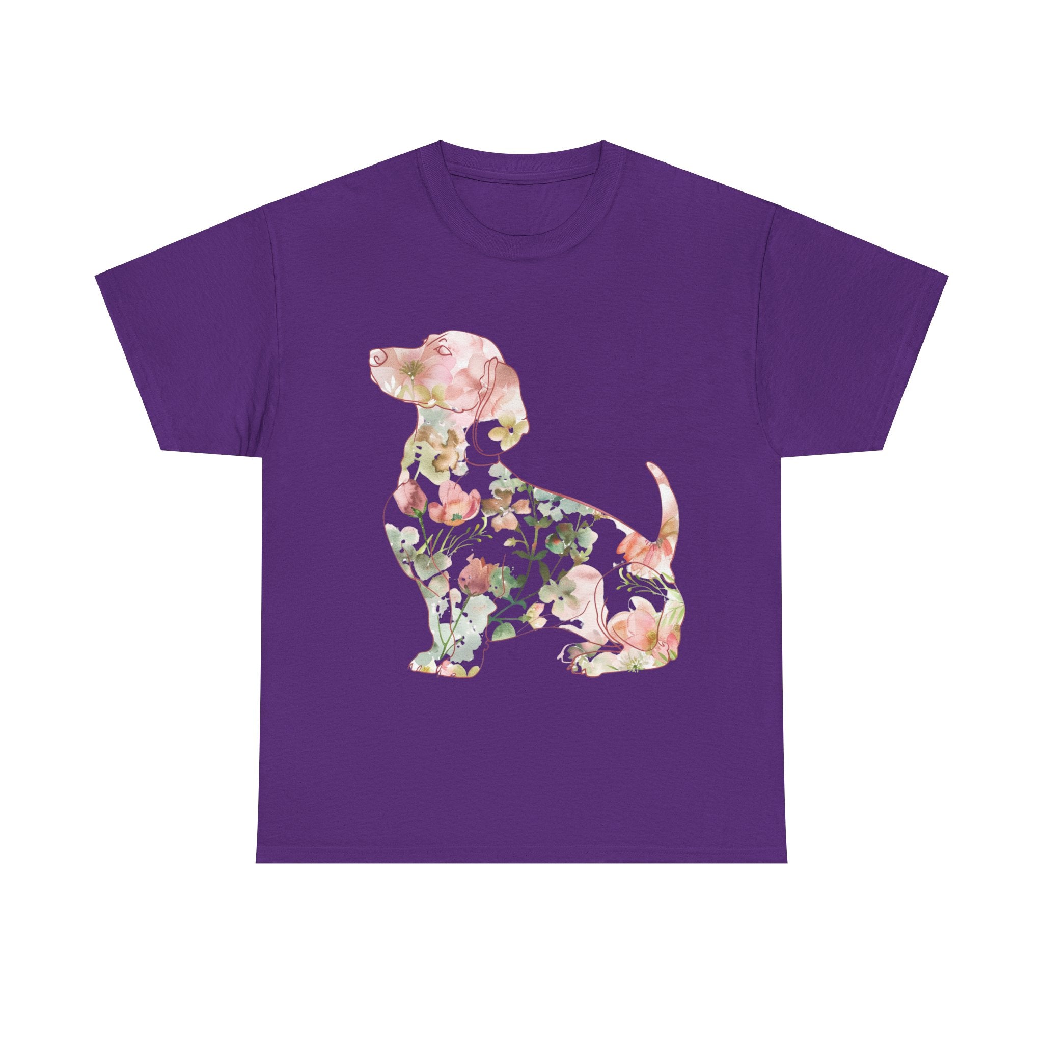 Printify T-Shirt Purple / S Floral Dachshund Unisex Heavy Cotton Tee