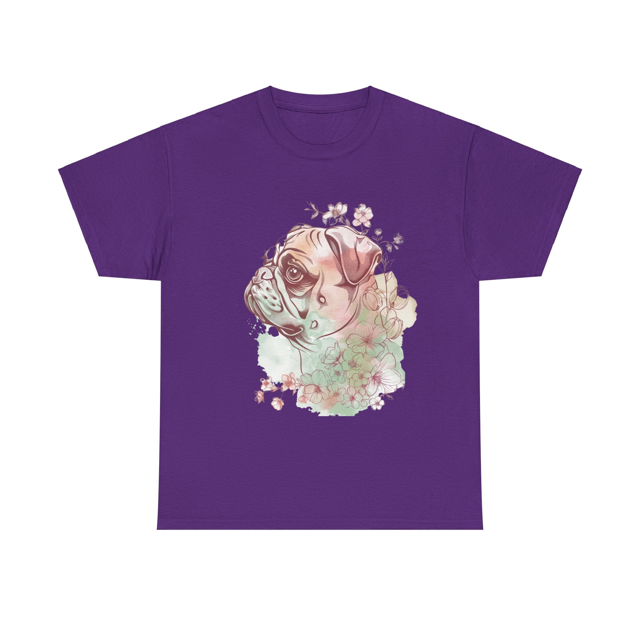 Printify T-Shirt Purple / S Floral Pug Silhouette Unisex Heavy Cotton Tee