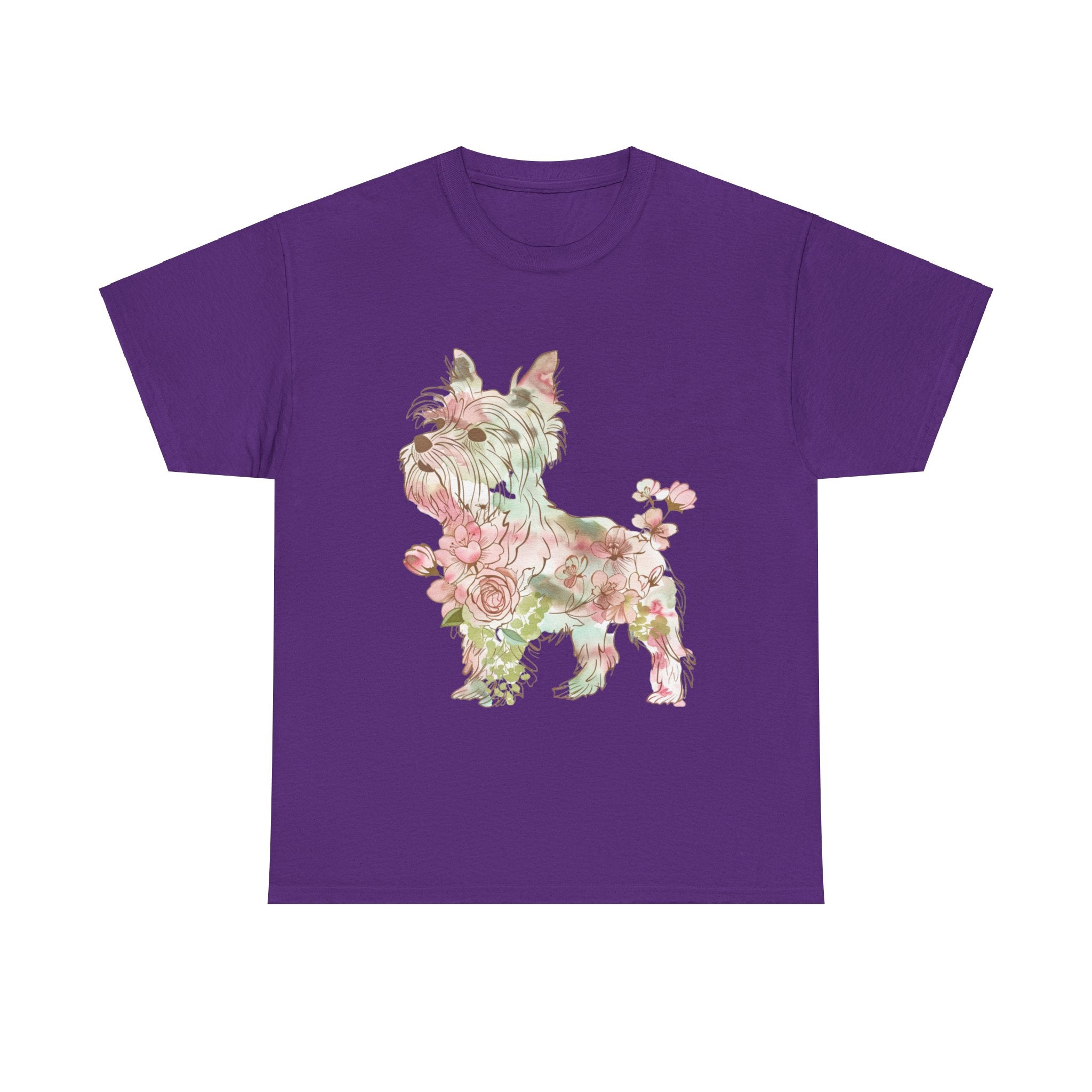 Printify T-Shirt Purple / S Floral Yorkshire Terrier Unisex Cotton Tee