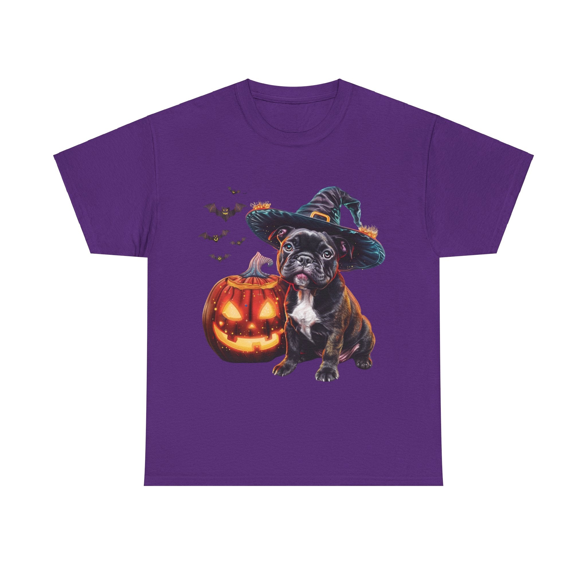 Printify T-Shirt Purple / S French Bulldog Halloween Witch Hat and Pumpkin Unisex Cotton Tee