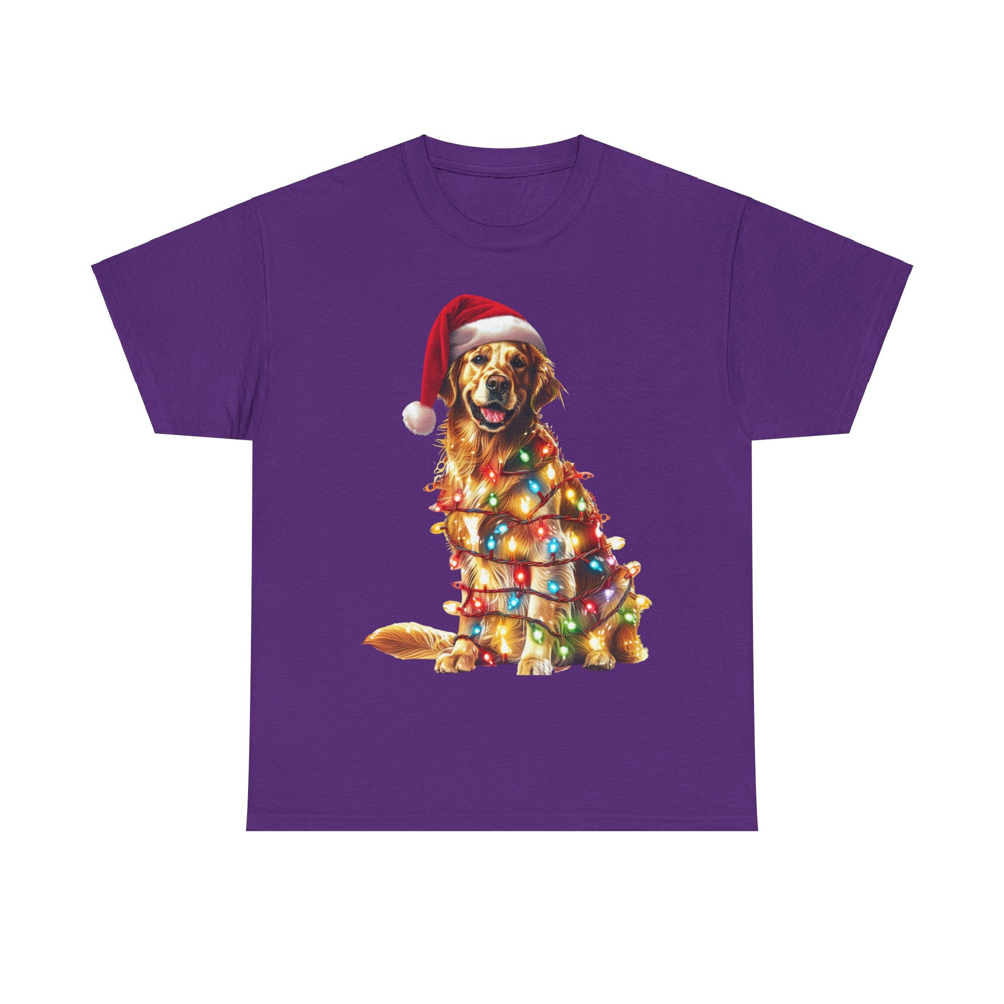 Printify T-Shirt Purple / S Golden Retriever Christmas Lights Unisex Heavy Cotton Tee