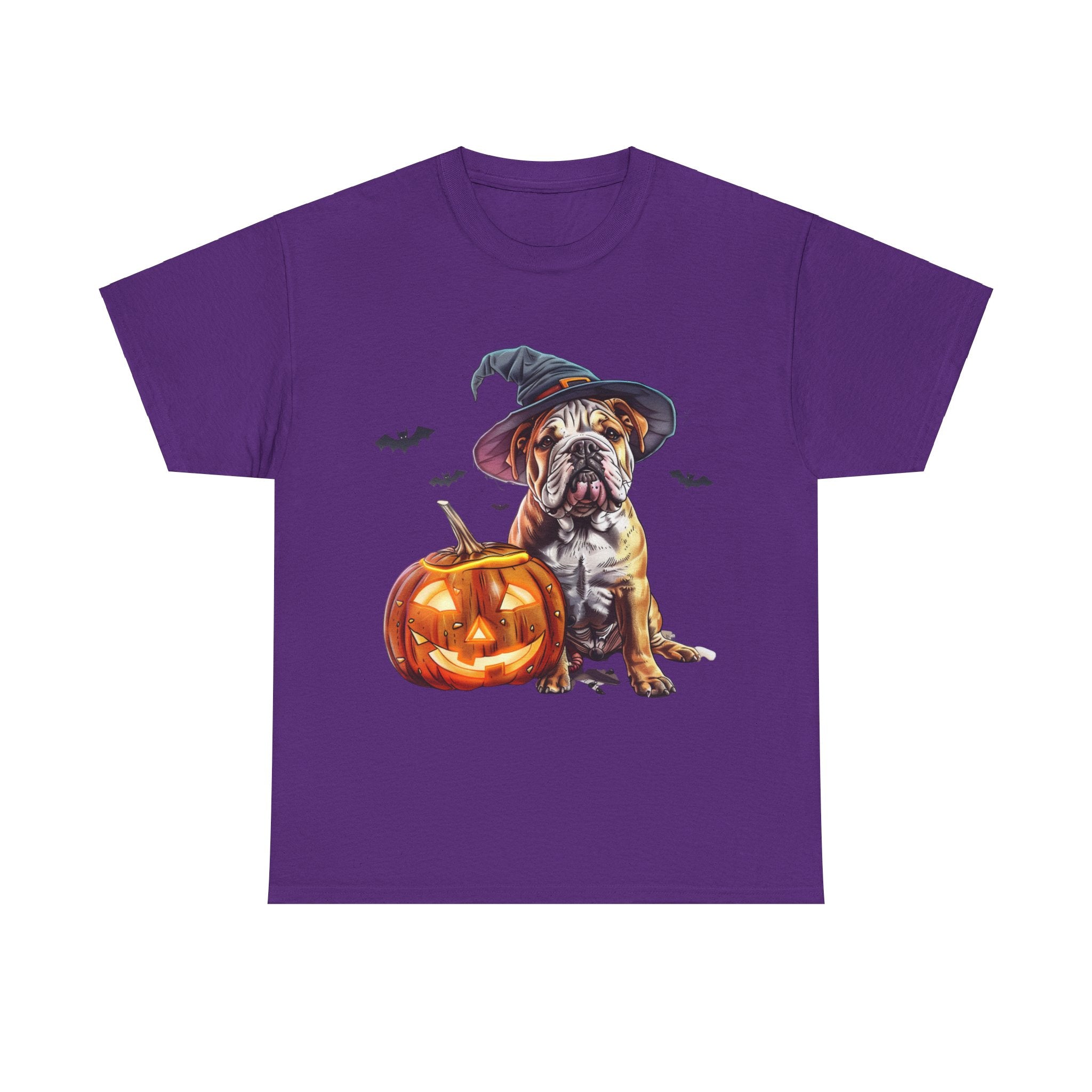 Printify T-Shirt Purple / S Halloween Bulldog Witch Hat & Pumpkin Glow Unisex Cotton Tee