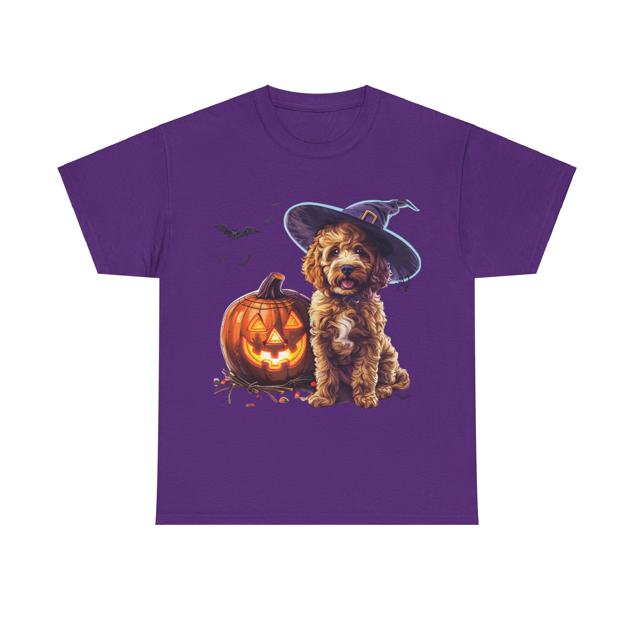 Printify T-Shirt Purple / S Halloween Cockapoo Witch Hat & Glowing Pumpkin Unisex Cotton Tee