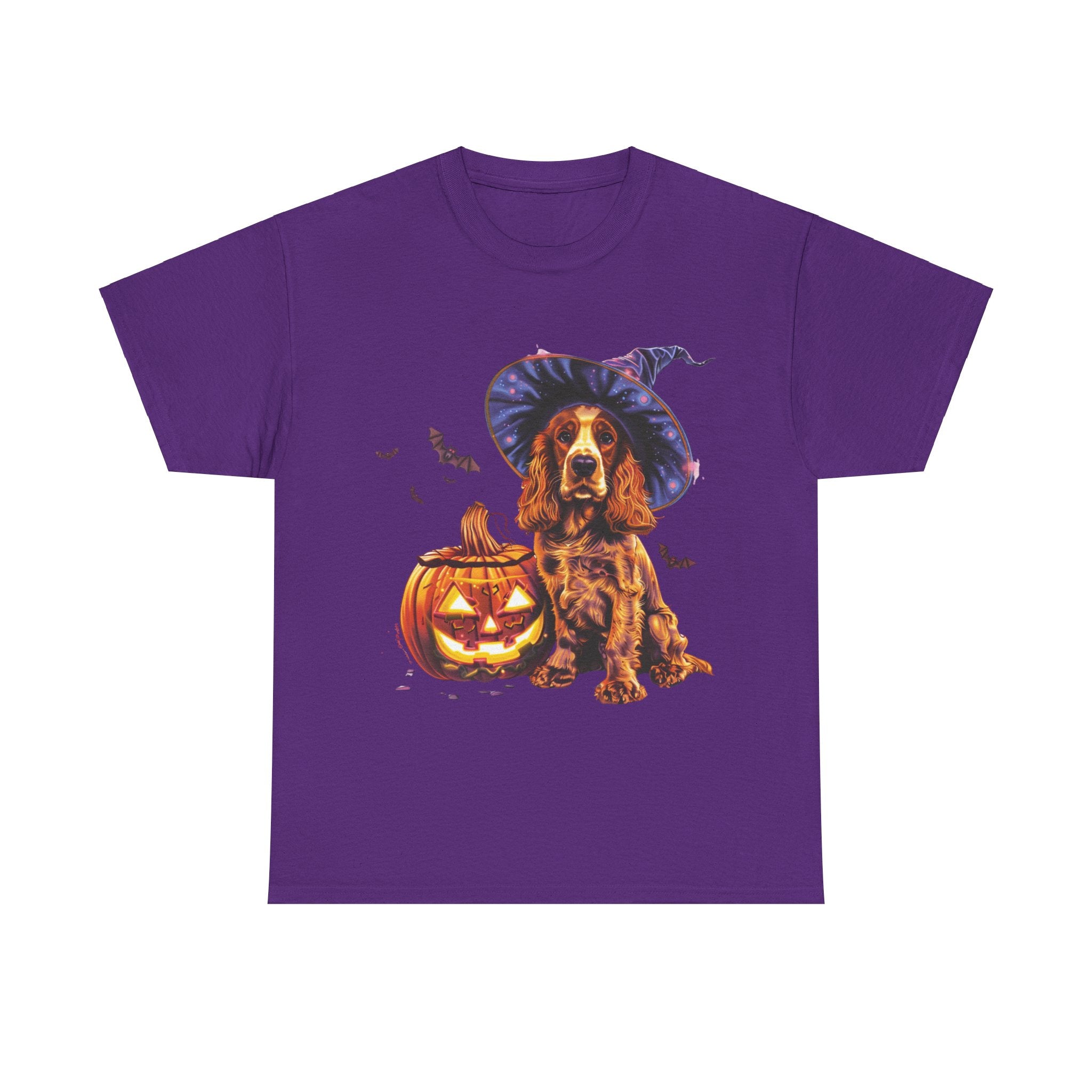 Printify T-Shirt Purple / S Halloween Cocker Spaniel Witch Hat and Pumpkin Unisex Cotton Tee