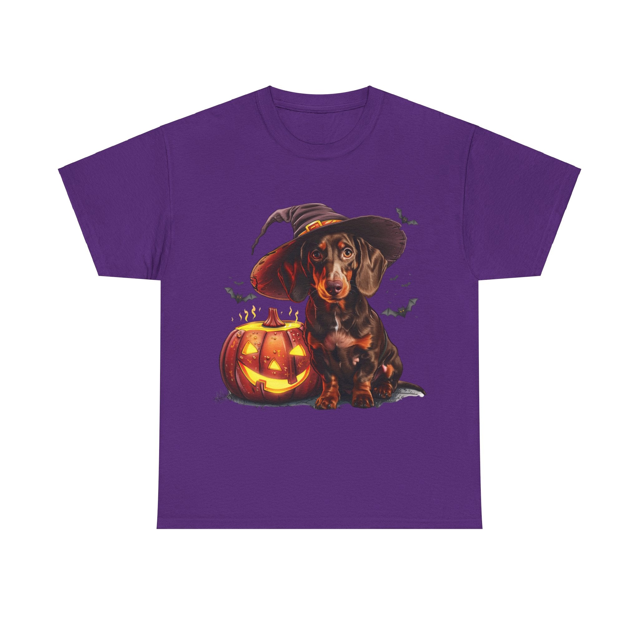 Printify T-Shirt Purple / S Halloween Dachshund in Witch Hat Tee – Unisex Cotton Shirt