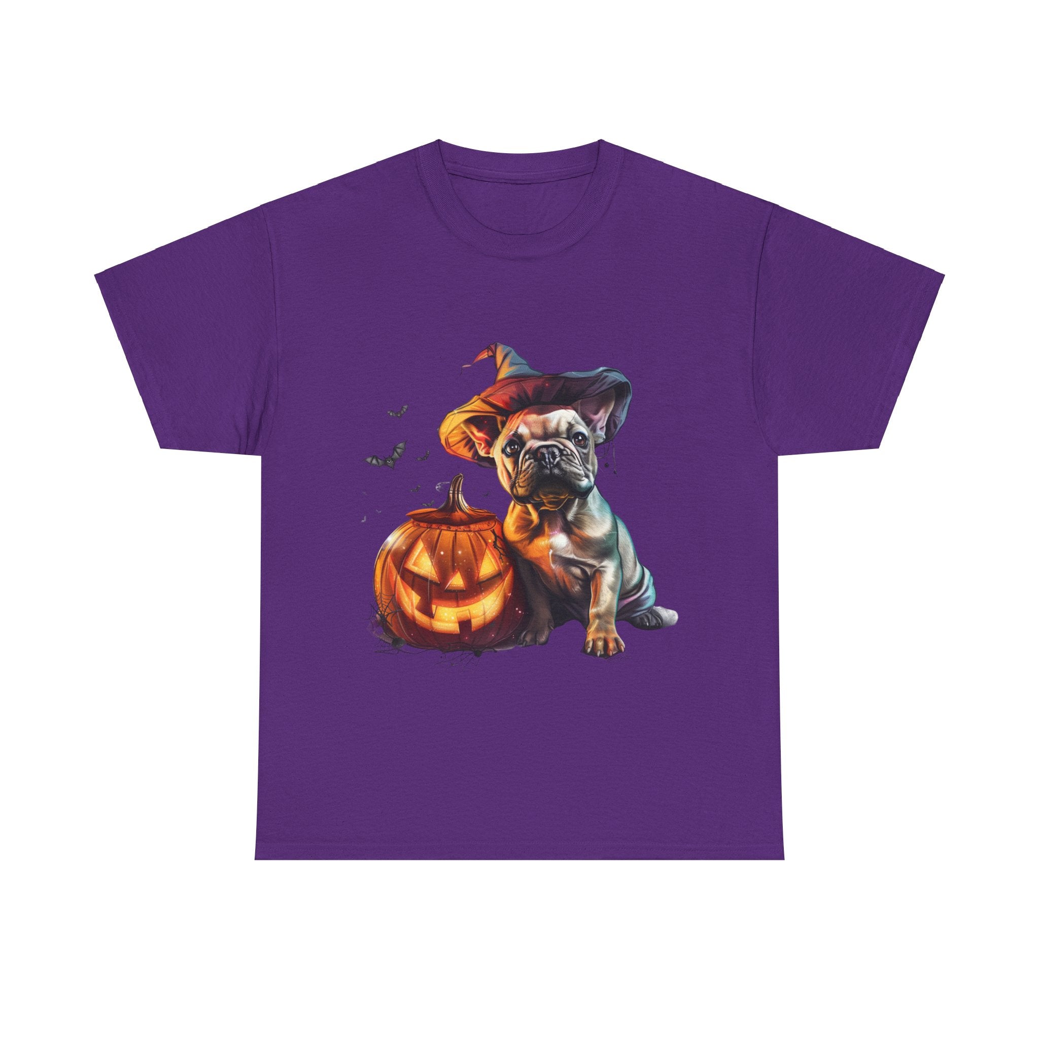 Printify T-Shirt Purple / S Halloween French Bulldog with Pumpkin and Witch Hat Unisex Cotton Tee